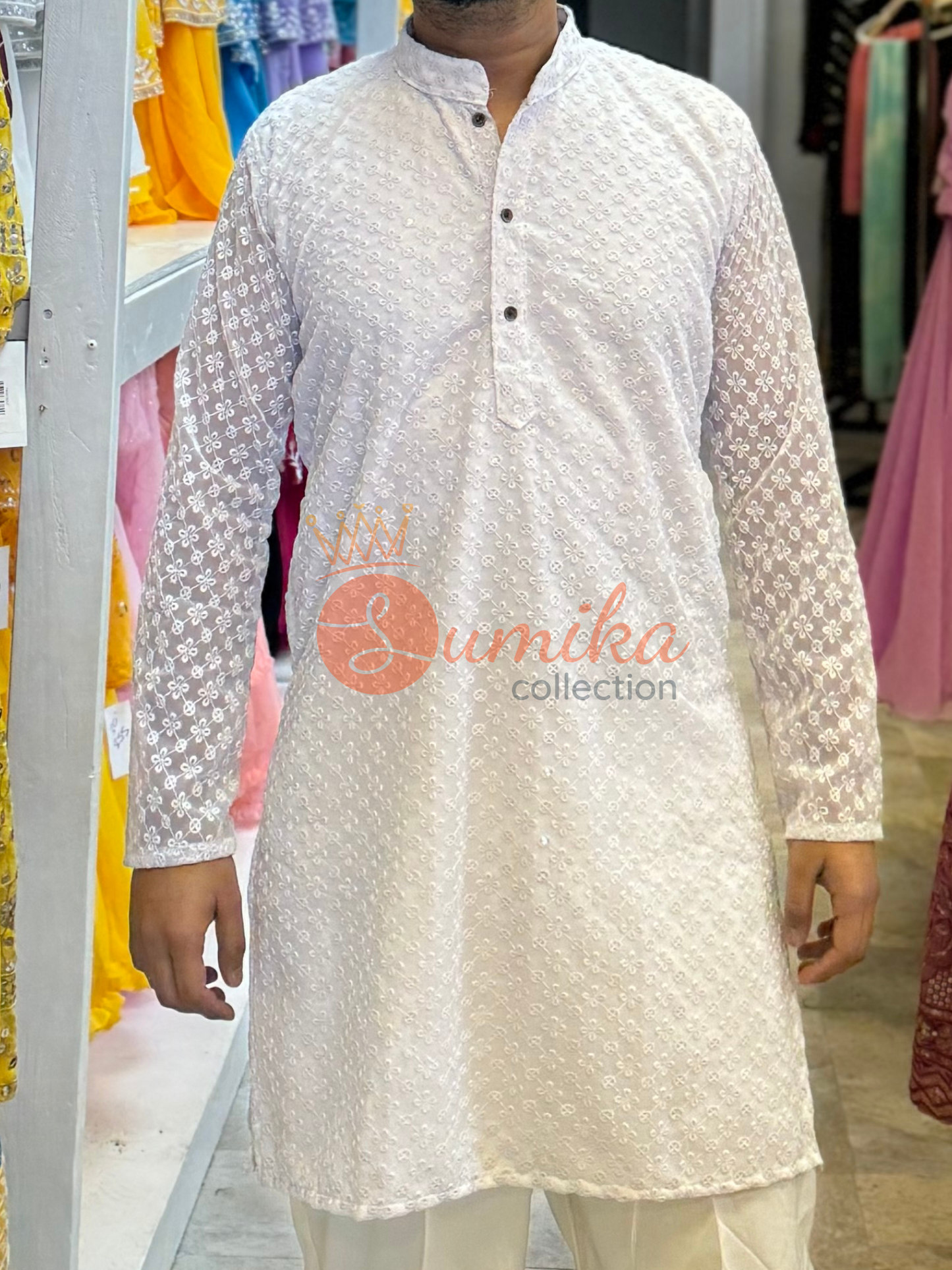 High Quality White Mens Chikankari Kurta Set (2pcs)