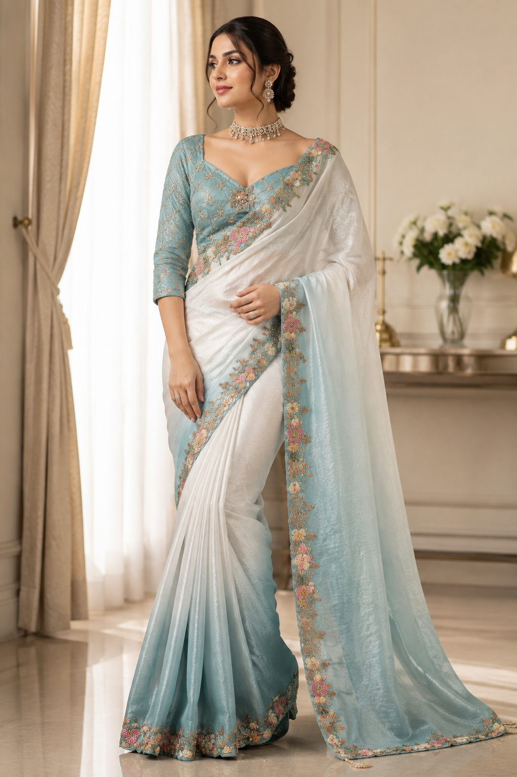 Dusty Aqua Blue Ombre Designer Saree Set with Embroidered Blous