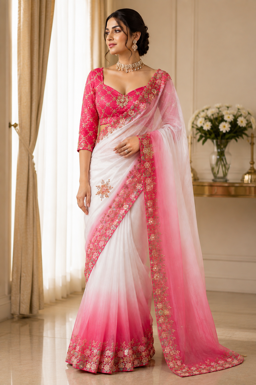 Pink & White Ombre Designer Saree Set with Embroidered Blouse