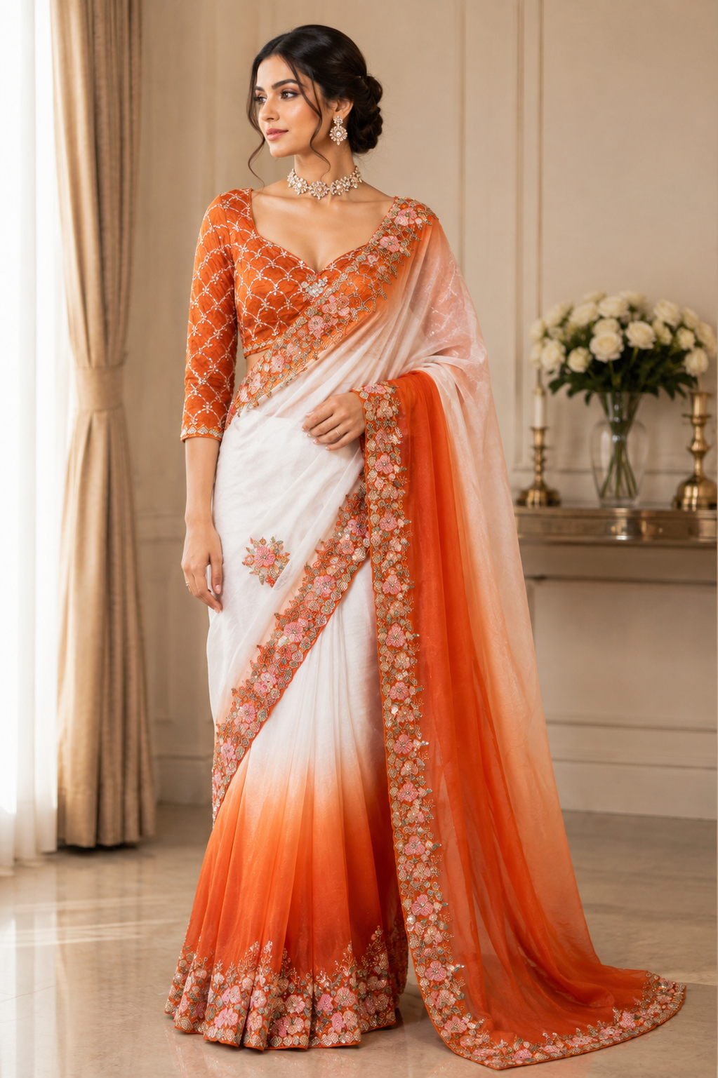 Burnt Orange & White Ombre Designer Saree Set