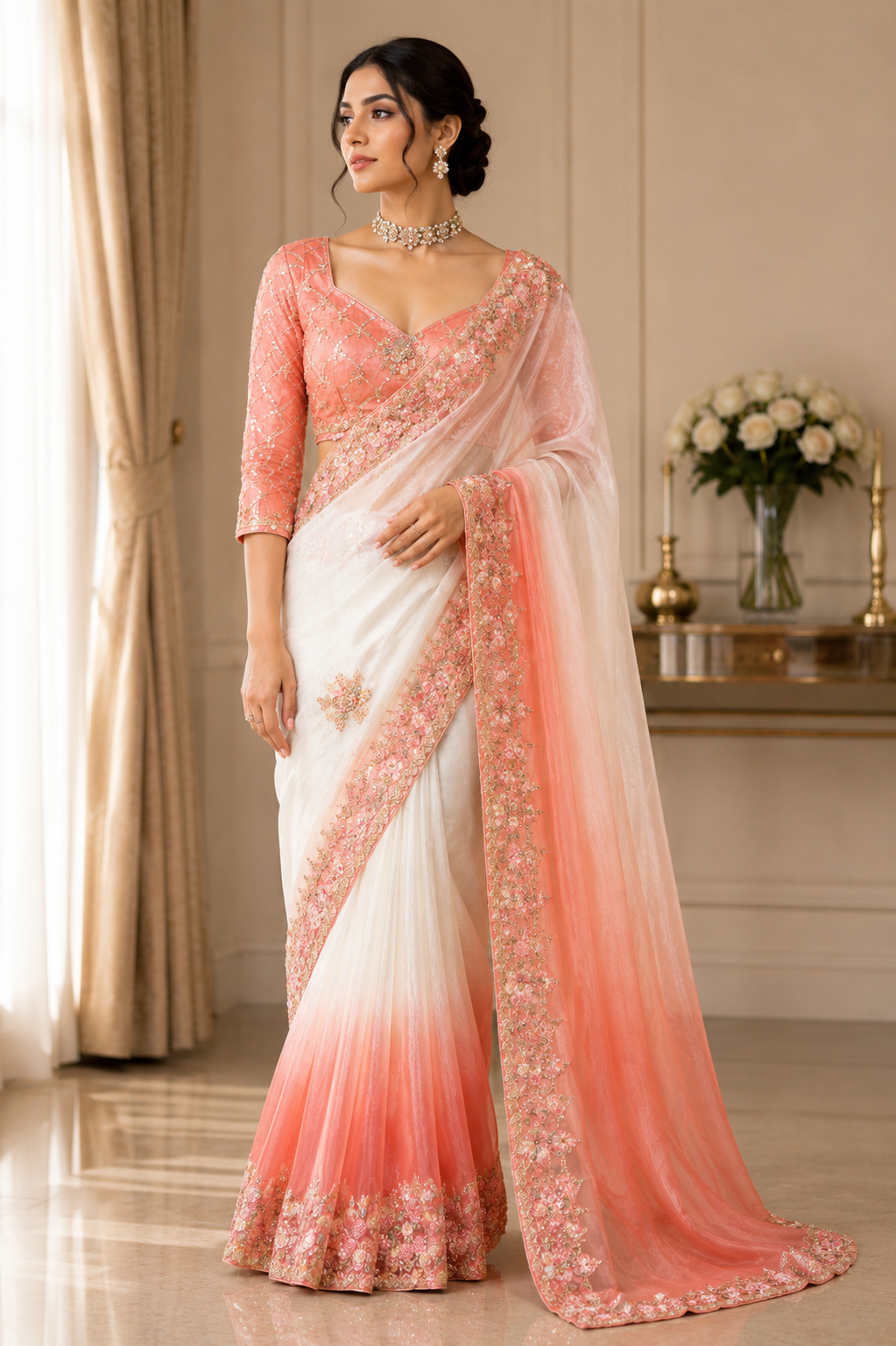 Coral Peach & Ivory Ombre Designer Saree Set