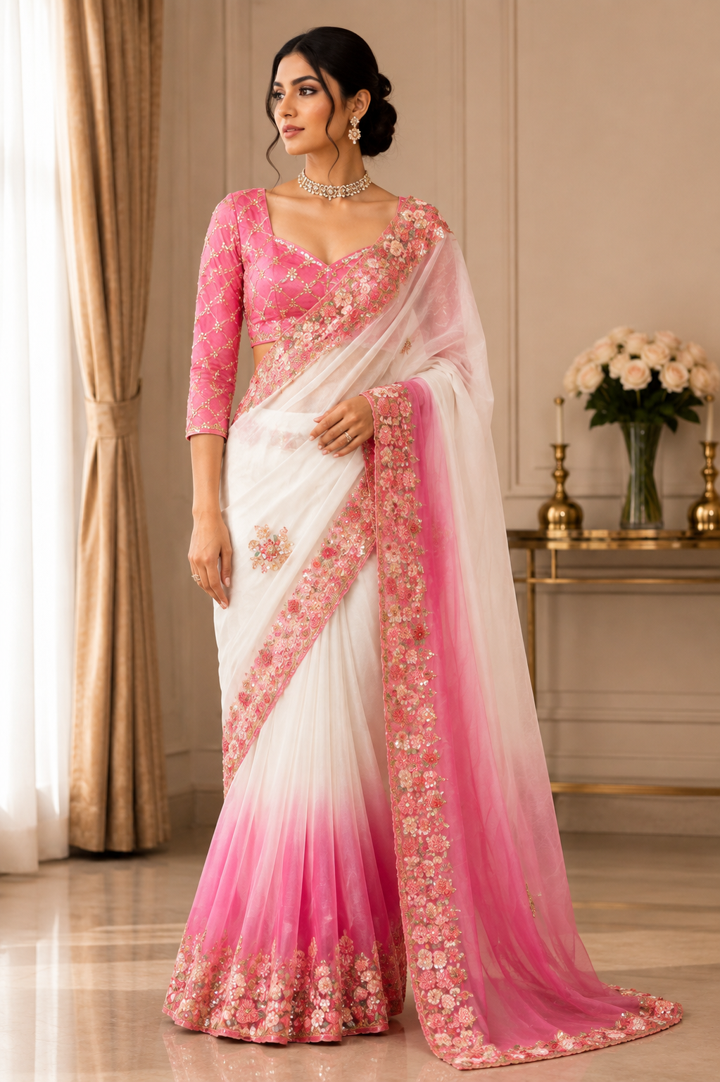 Rose Pink & Ivory Ombre Designer Saree Set