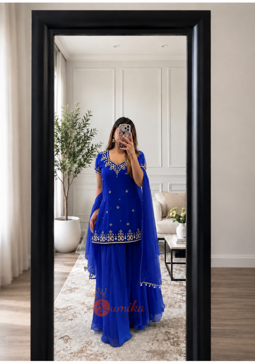 Royal Blue Embroidered 90's Sharara Suit Set with Dupatta
