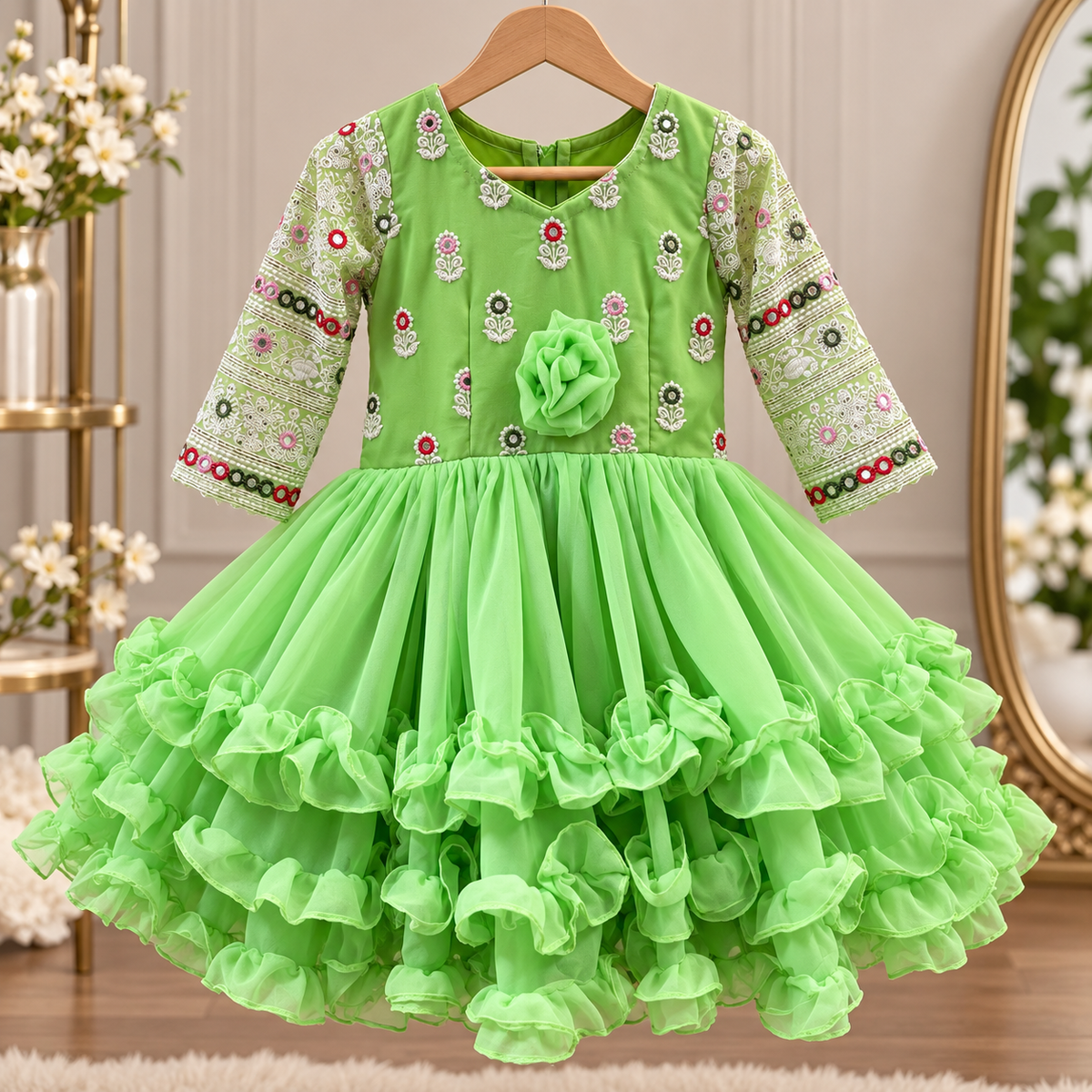 Green Embroidered Ruffle Jama Party Dress for Girls