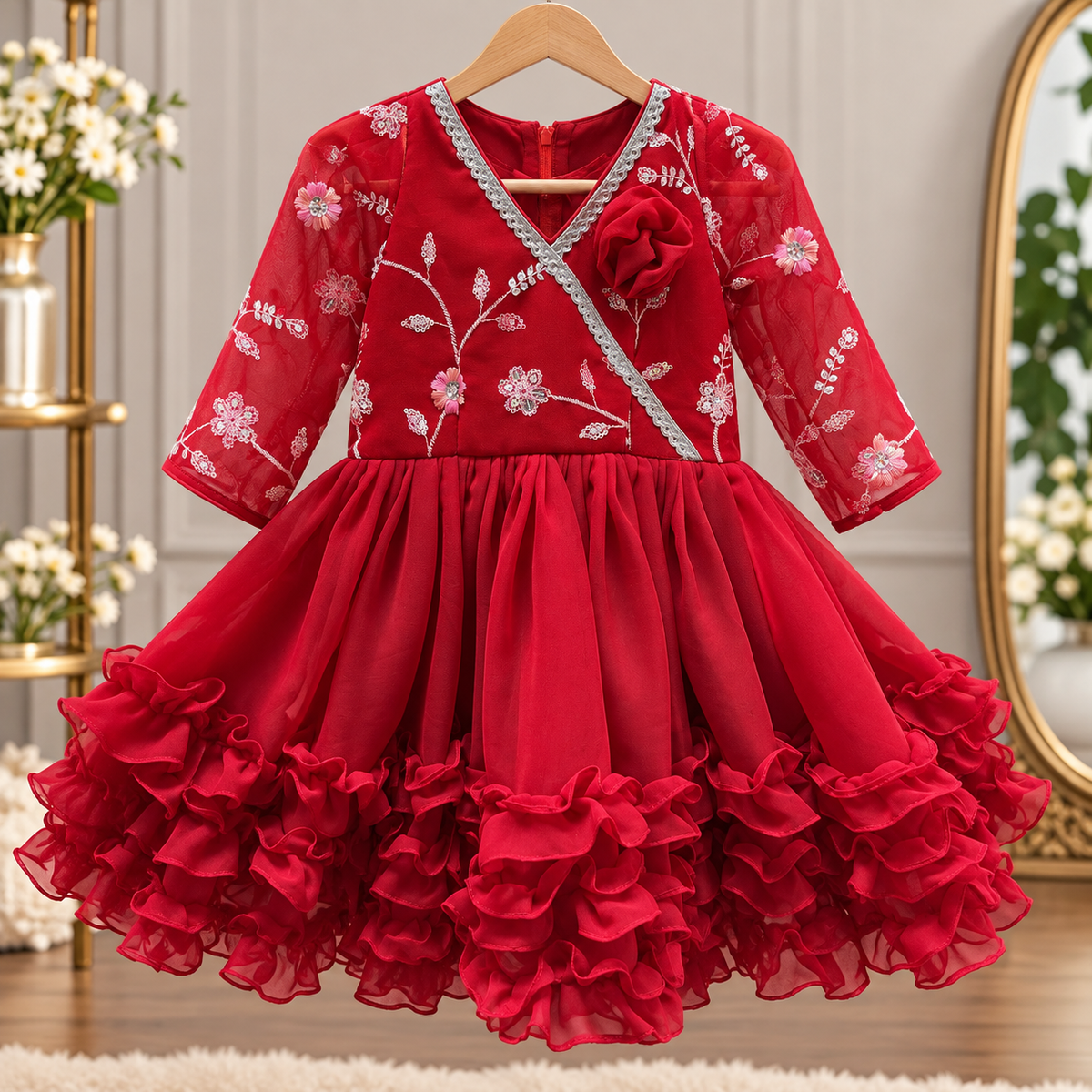 Red Embroidered Ruffle Jama Party Dress for Girls