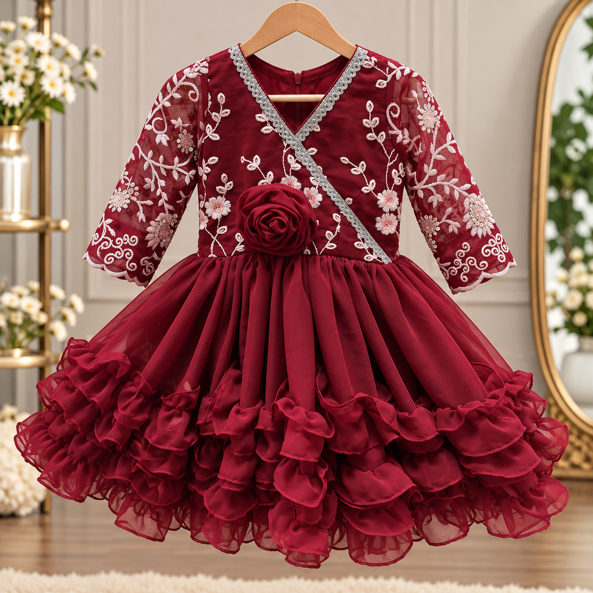 Maroon Embroidered Ruffle Jama Party Dress for Girls