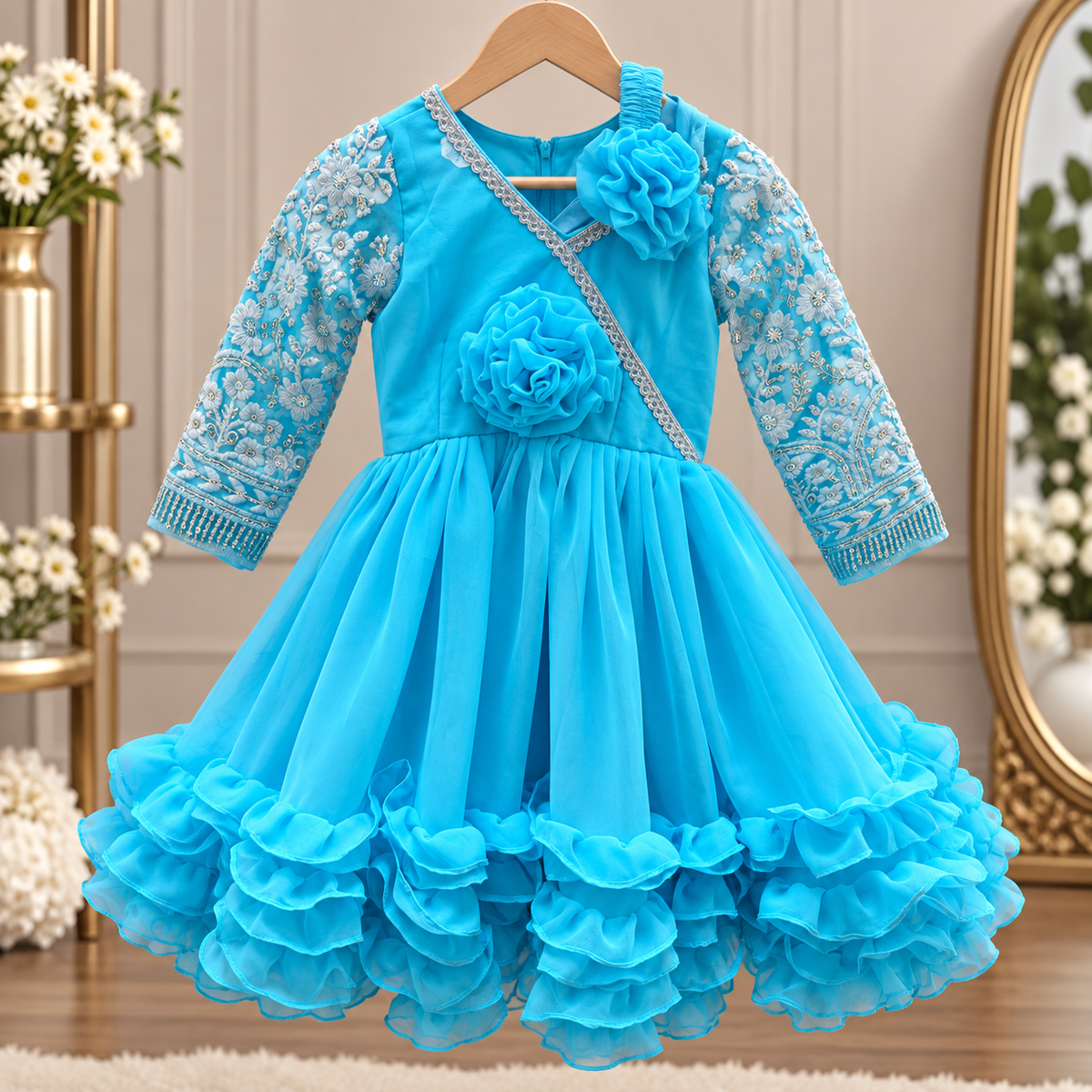 Sky blue Embroidered Ruffle Jama Party Dress for Girls