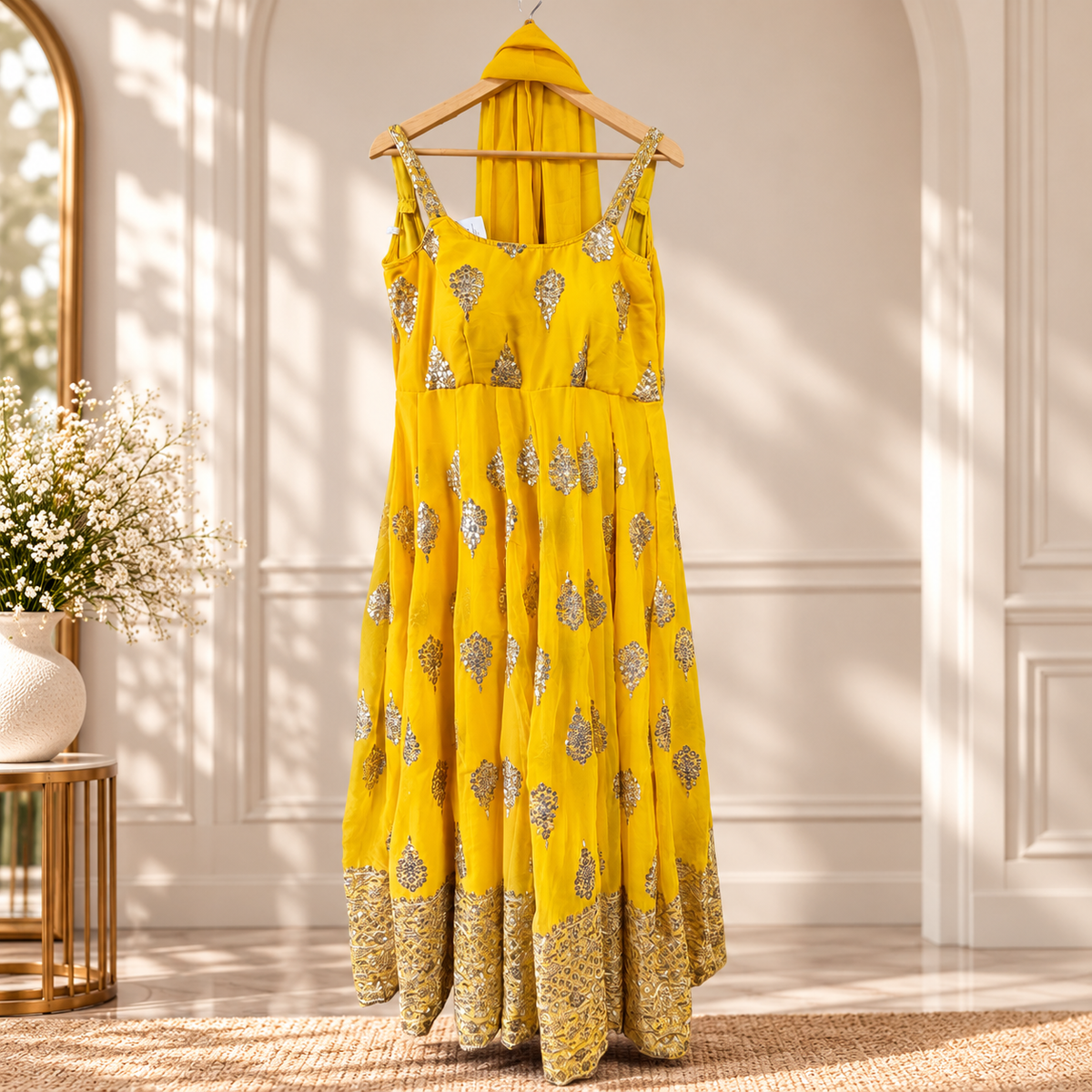 Sleeveless Embroidered Georgette Anarkali Gown – Two-Piece Set