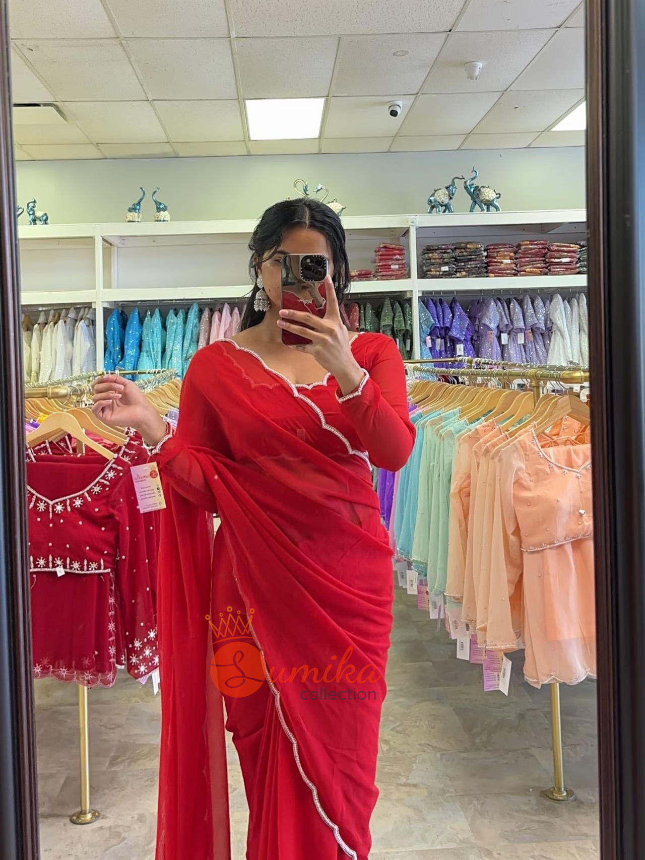 Light Hand Boutique RED Saree set Ready to Wear( 3pcs )