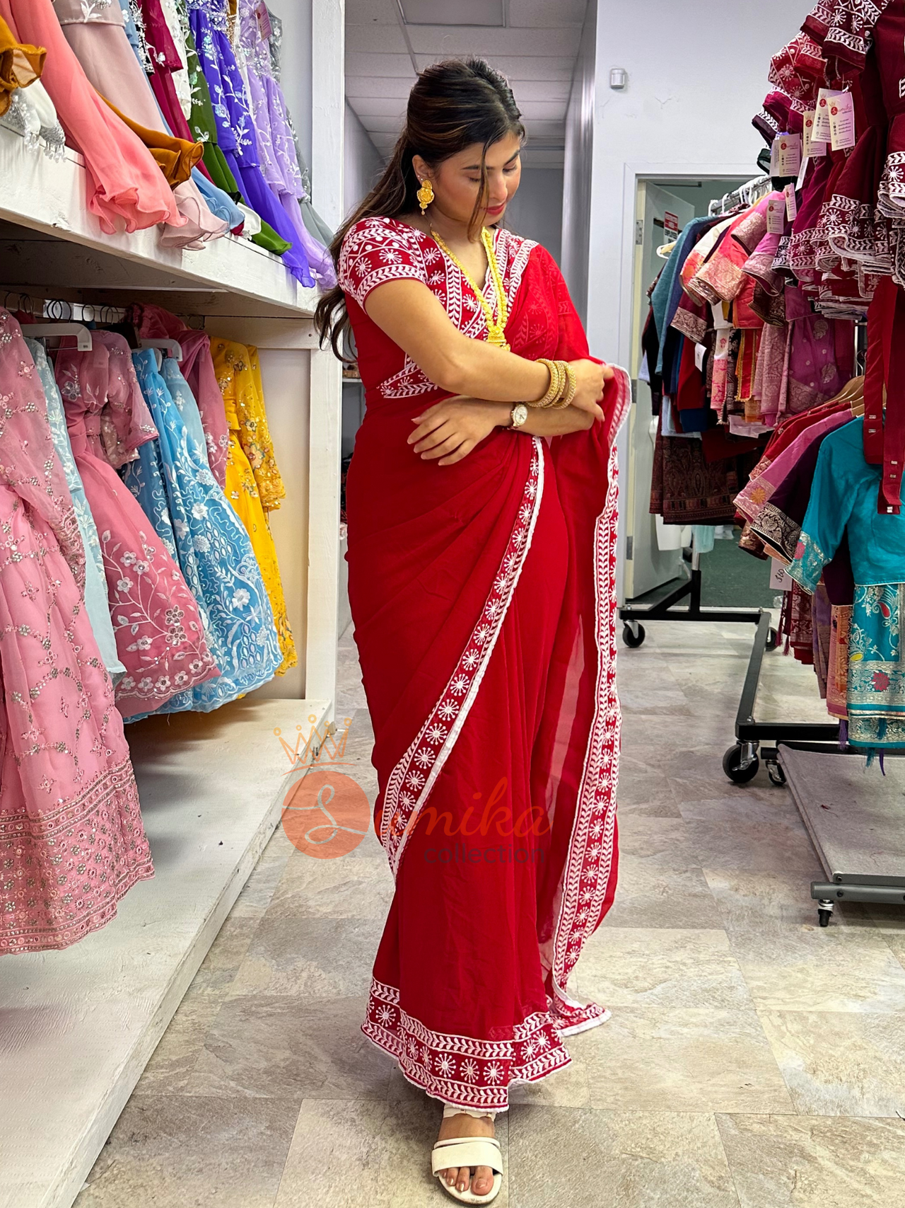 Red Saree Thread work set ( 3pcs ) - Georgette