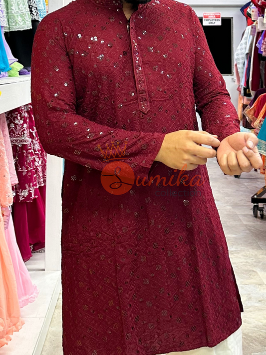 High Quality Maroon Mens Chikankari Kurta Set (2pcs)