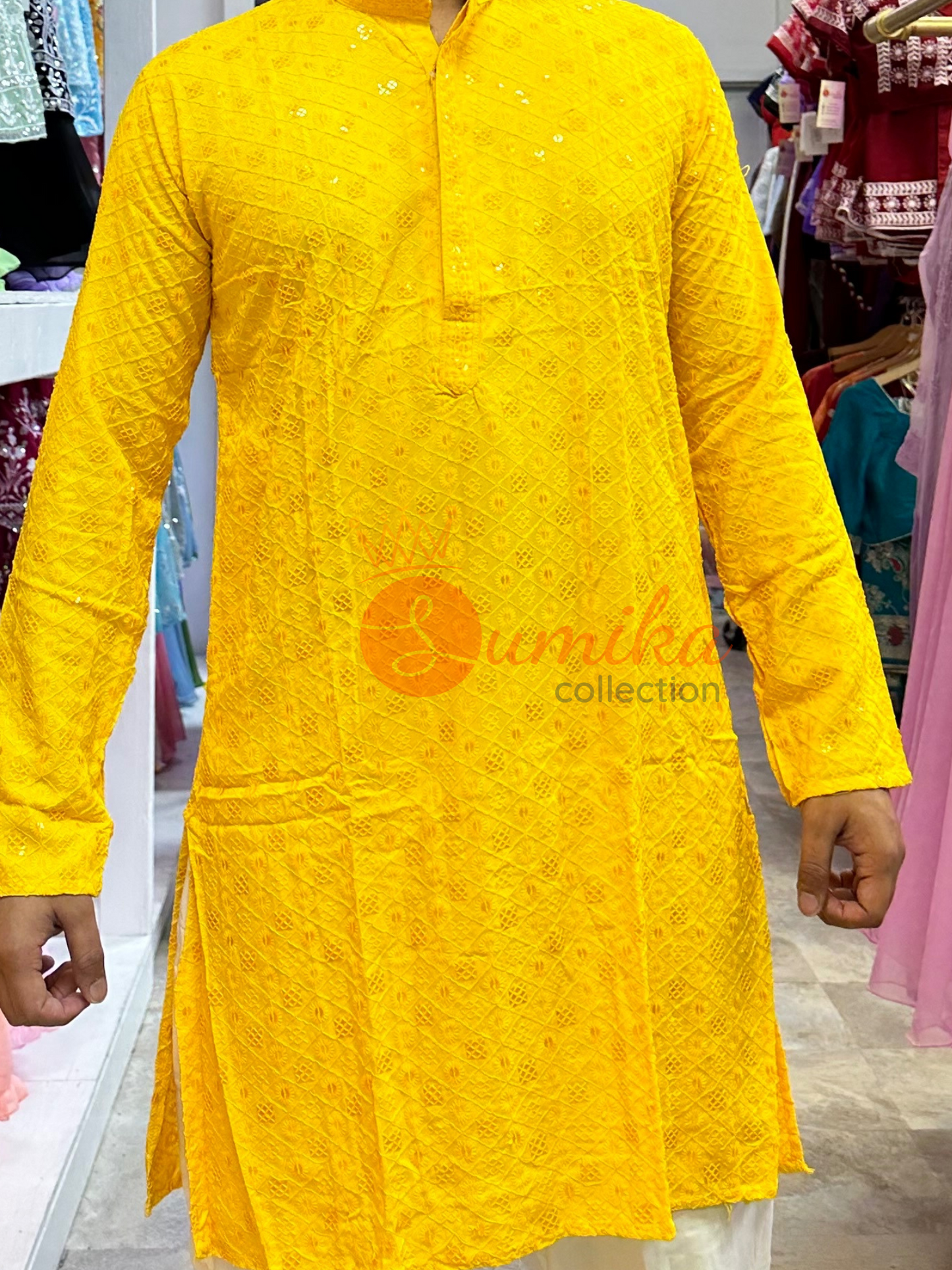 High Quality Yellow Mens Chikankari Kurta Set (2pcs)