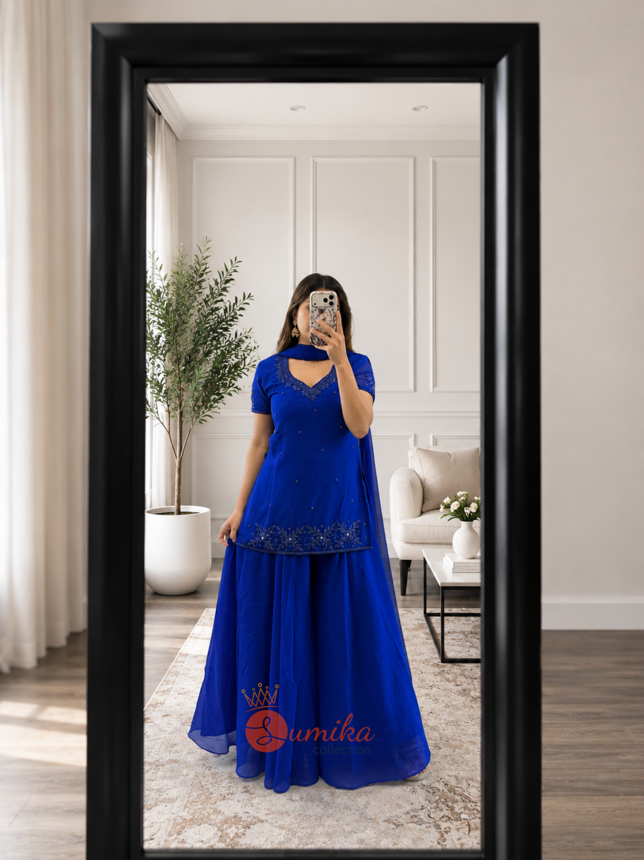 Royal Blue Embroidered 90's Sharara Suit Set with Dupatta