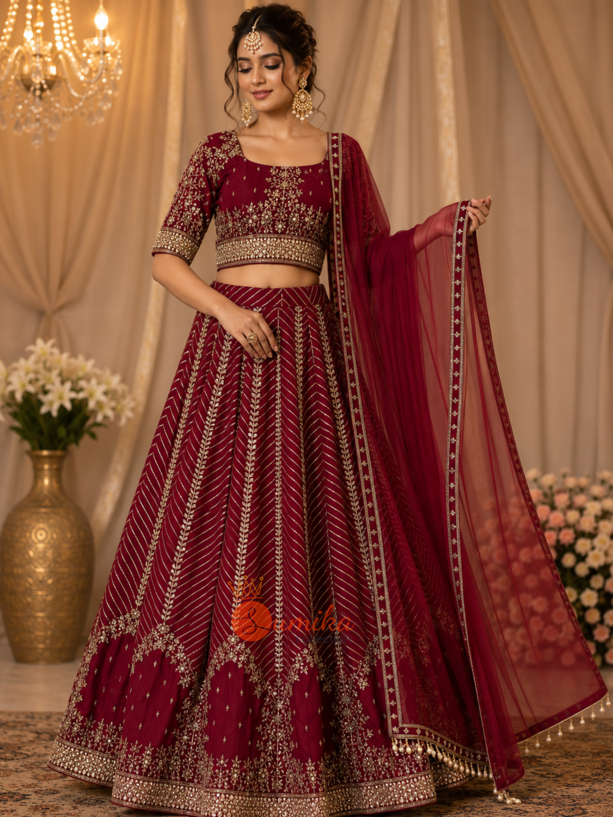 Indian Maroon Lehenga set for guests for wedding