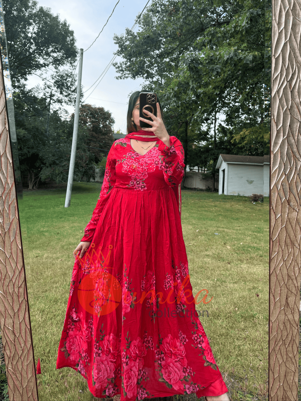 Red Chiffon Floral Anarkali with Elegant Embroidery