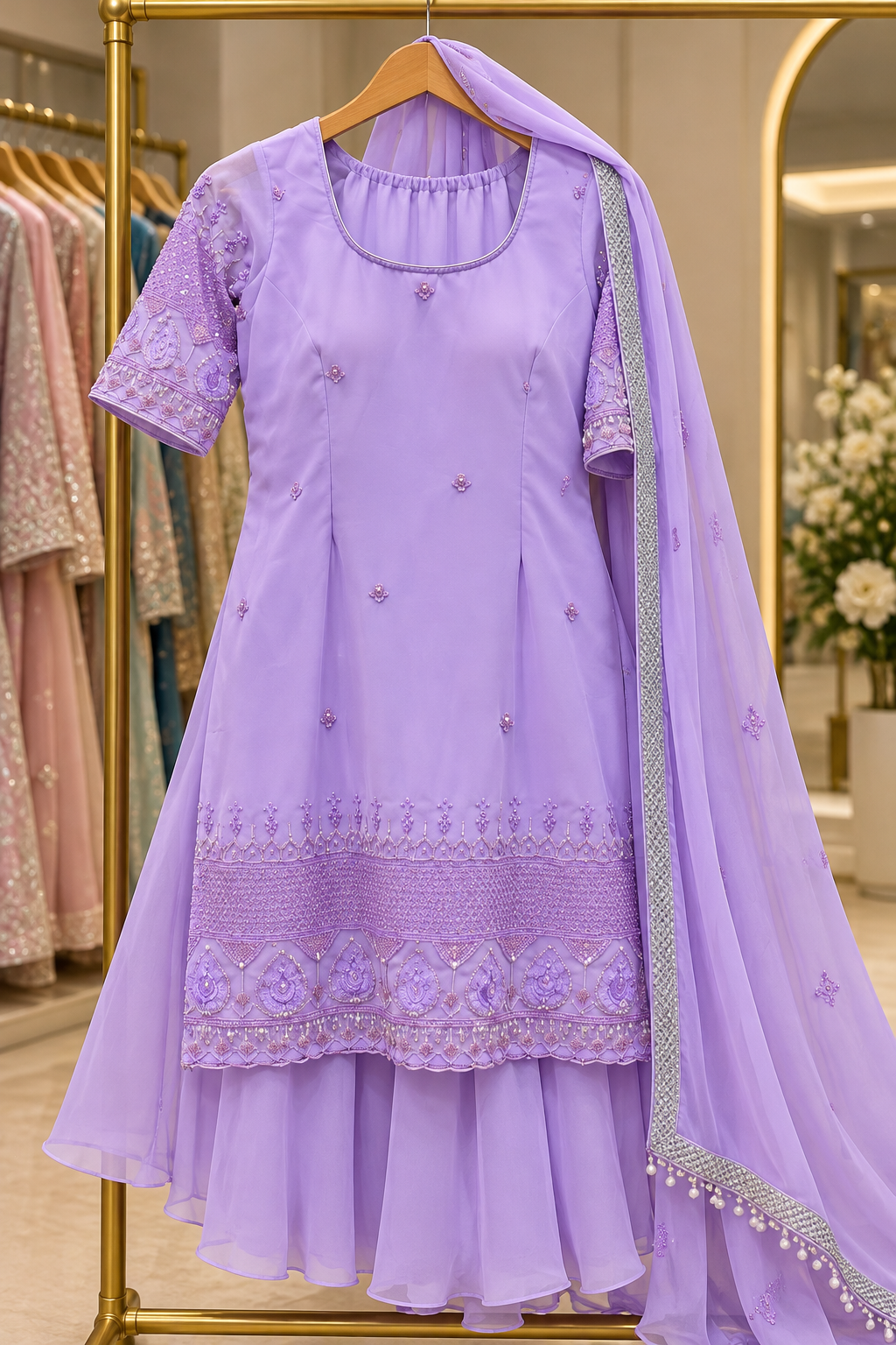Lavender Embroidered Sharara Set