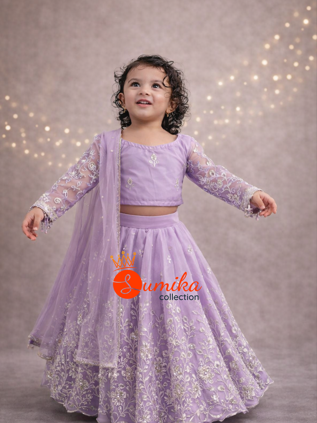 Lavender kids lehenga set with embroidered blouse skirt and dupatta by Sumika Collection USA