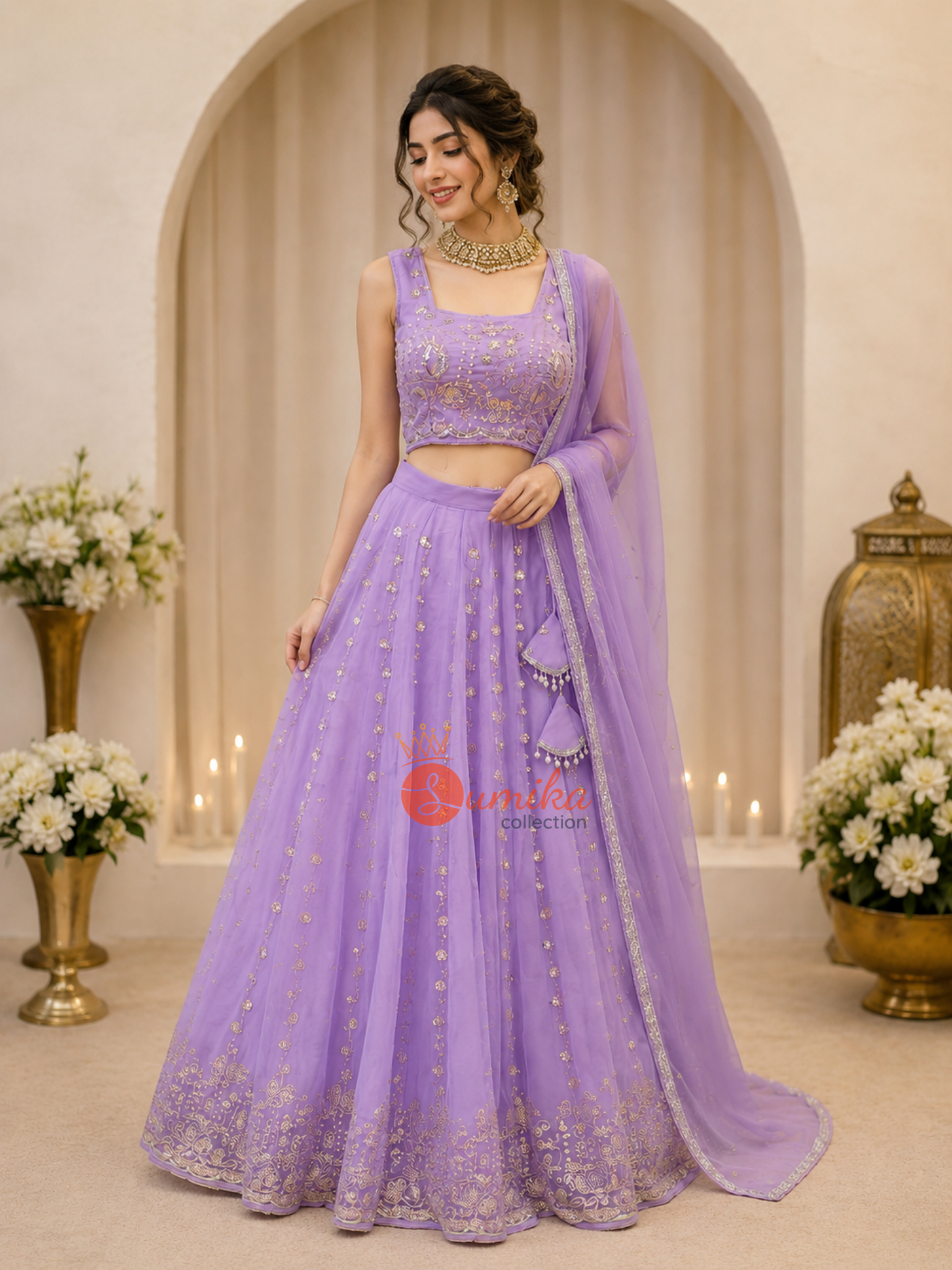 Lavender Indian lehenga set with gold embroidery, sleeveless stitched blouse and matching dupatta from Sumika Collection