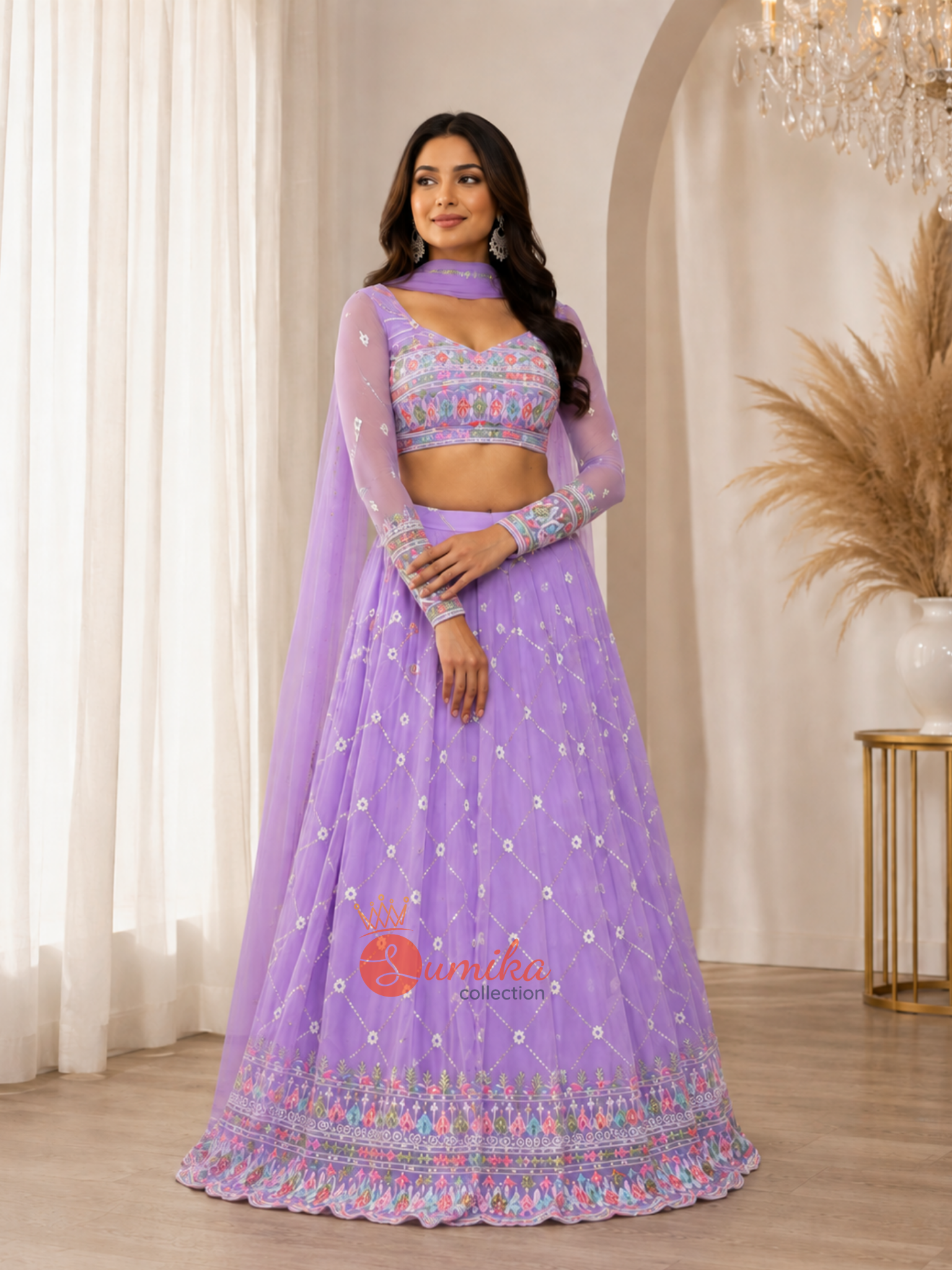 Lavender Indian lehenga set with multicolor embroidery, sheer-sleeve blouse and matching dupatta from Sumika Collection