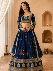 Midnight blue embroidered Indian lehenga set with stitched blouse and matching dupatta from Sumika Collection