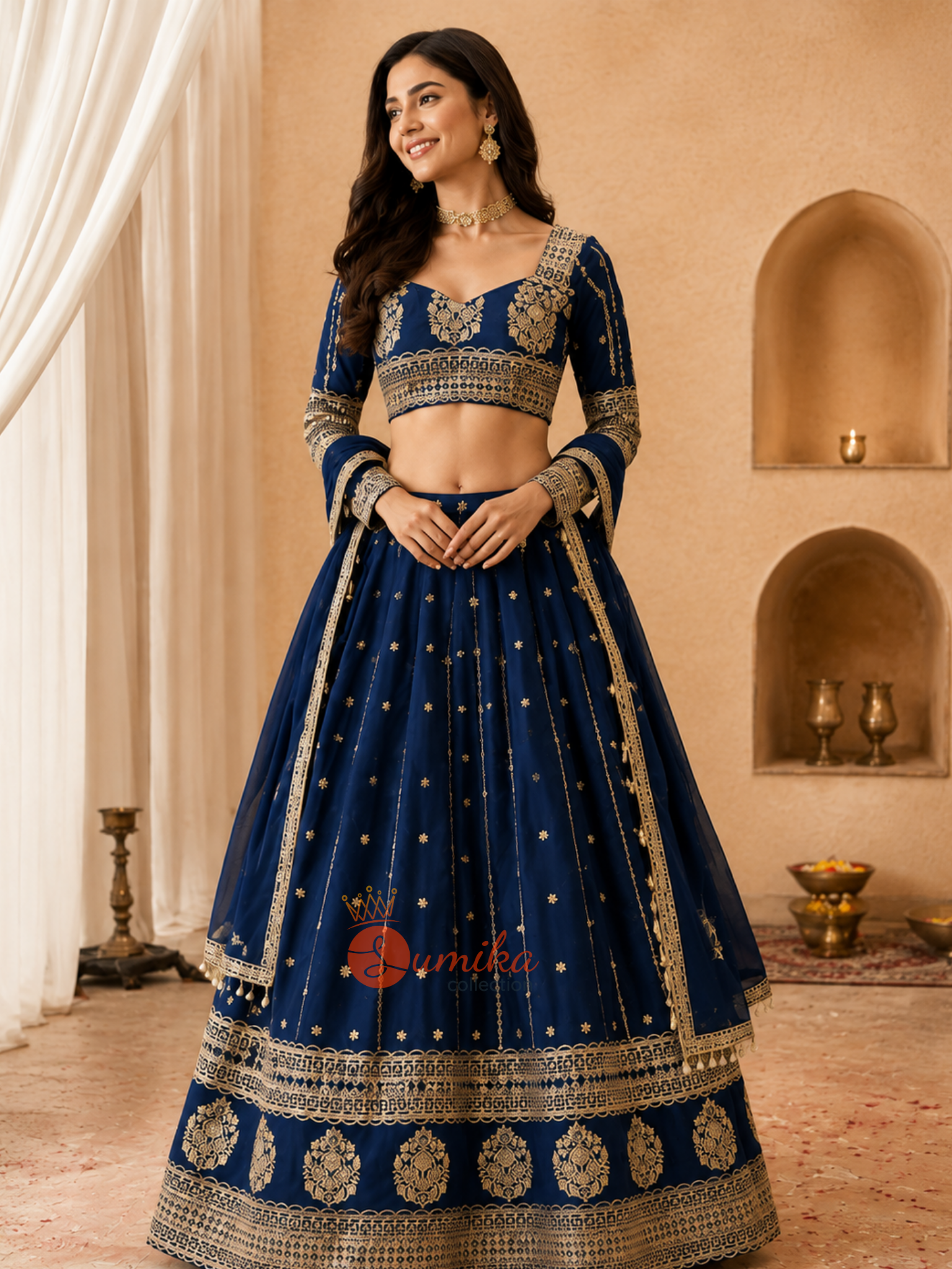 Midnight blue embroidered Indian lehenga set with stitched blouse and matching dupatta from Sumika Collection