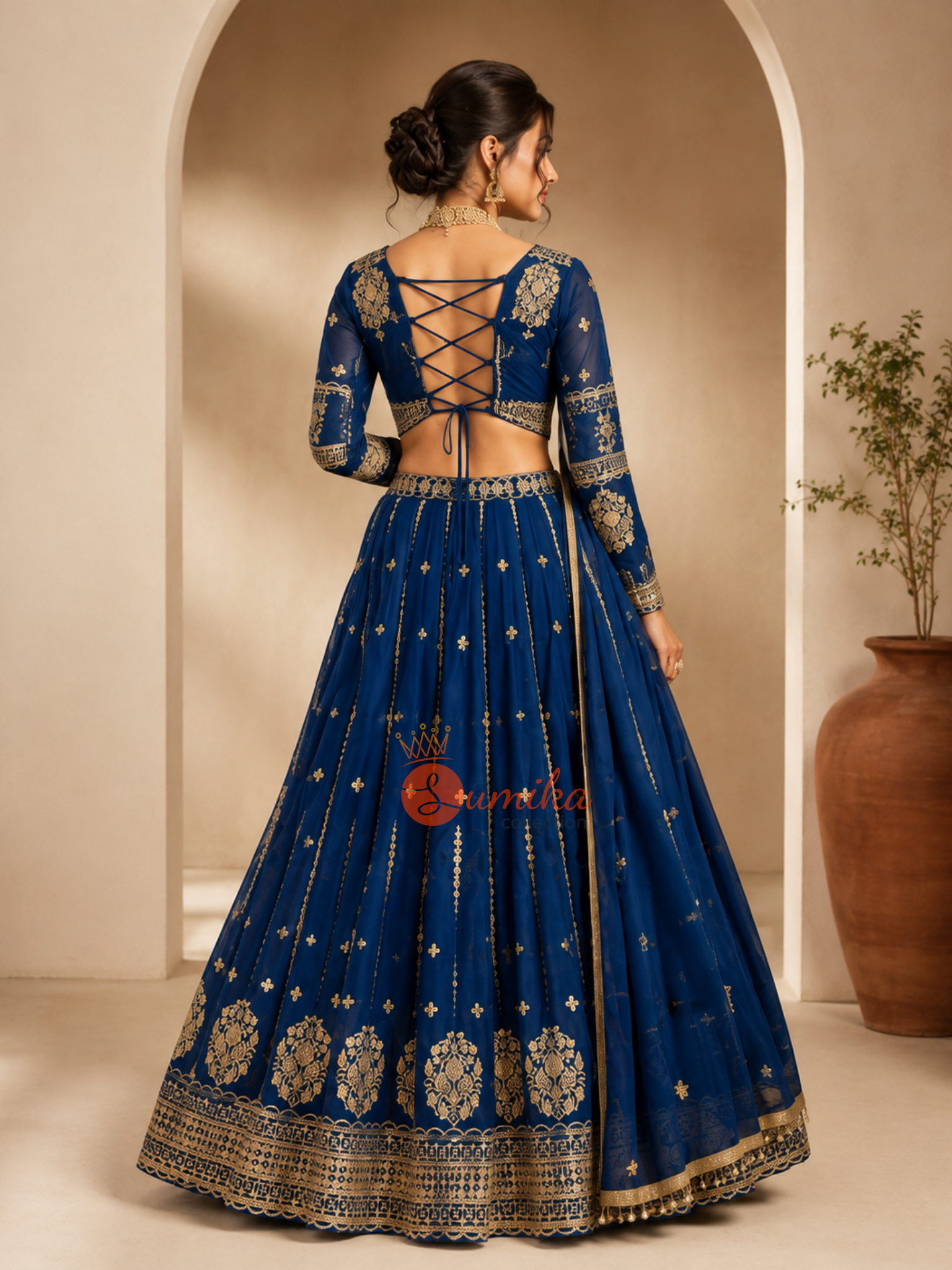 Midnight blue embroidered Indian lehenga set with stitched blouse and matching dupatta from Sumika Collection in USA