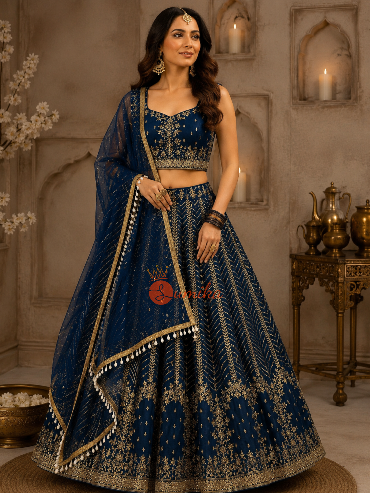 Midnight blue Indian lehenga set with gold embroidery, sleeveless blouse, and matching dupatta at Sumika Collection