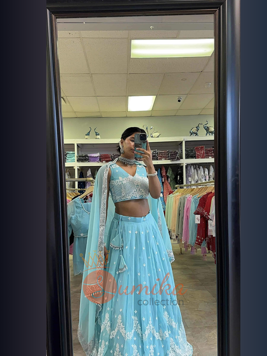 Sky Blue Short Sleeve High Quality Lehenga