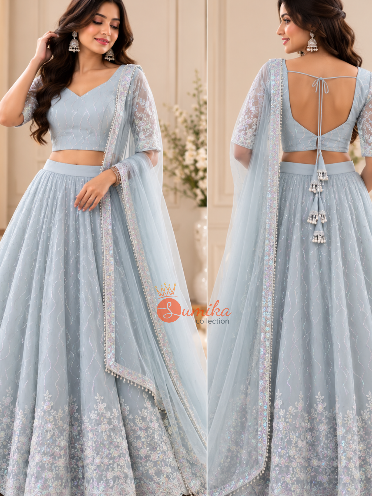 Cloud light gray embroidered Indian lehenga set with stitched blouse and matching dupatta from Sumika Collection