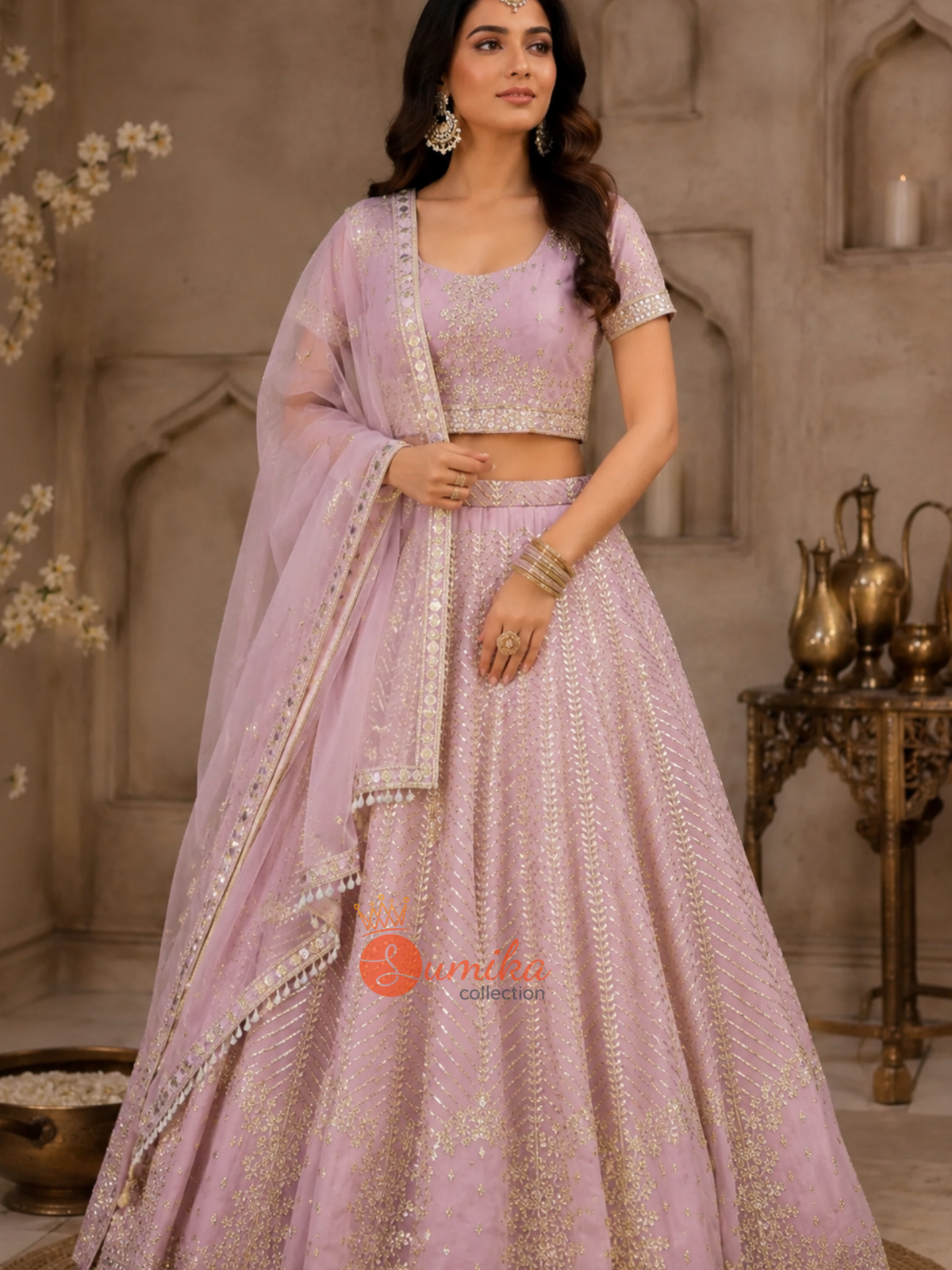 Light pink Indian lehenga set with gold embroidery, short-sleeve stitched blouse and matching dupatta from Sumika Collection