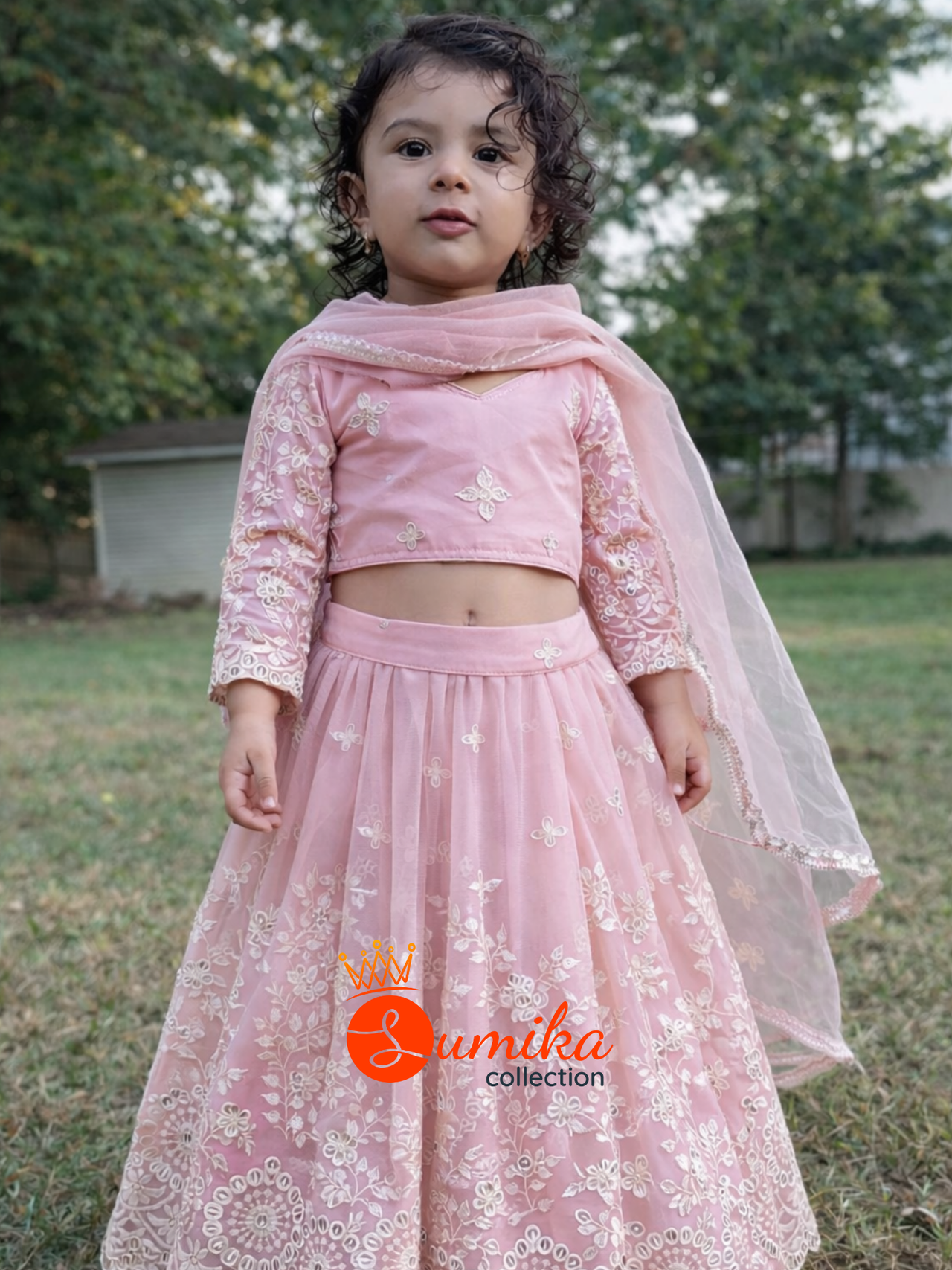 Baby pink embroidered kids lehenga with dupatta for Pasni and festivals available at Sumika Collection USA