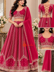 Maroon Indian lehenga set with gold embroidery, stitched lace-up blouse and matching dupatta from Sumika Collection