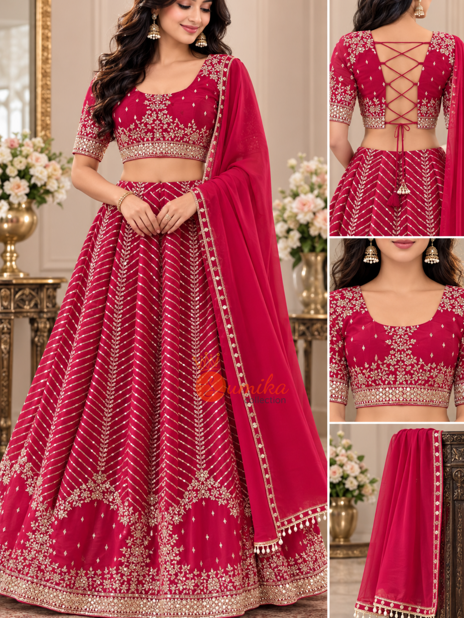 Maroon Indian lehenga set with gold embroidery, stitched lace-up blouse and matching dupatta from Sumika Collection