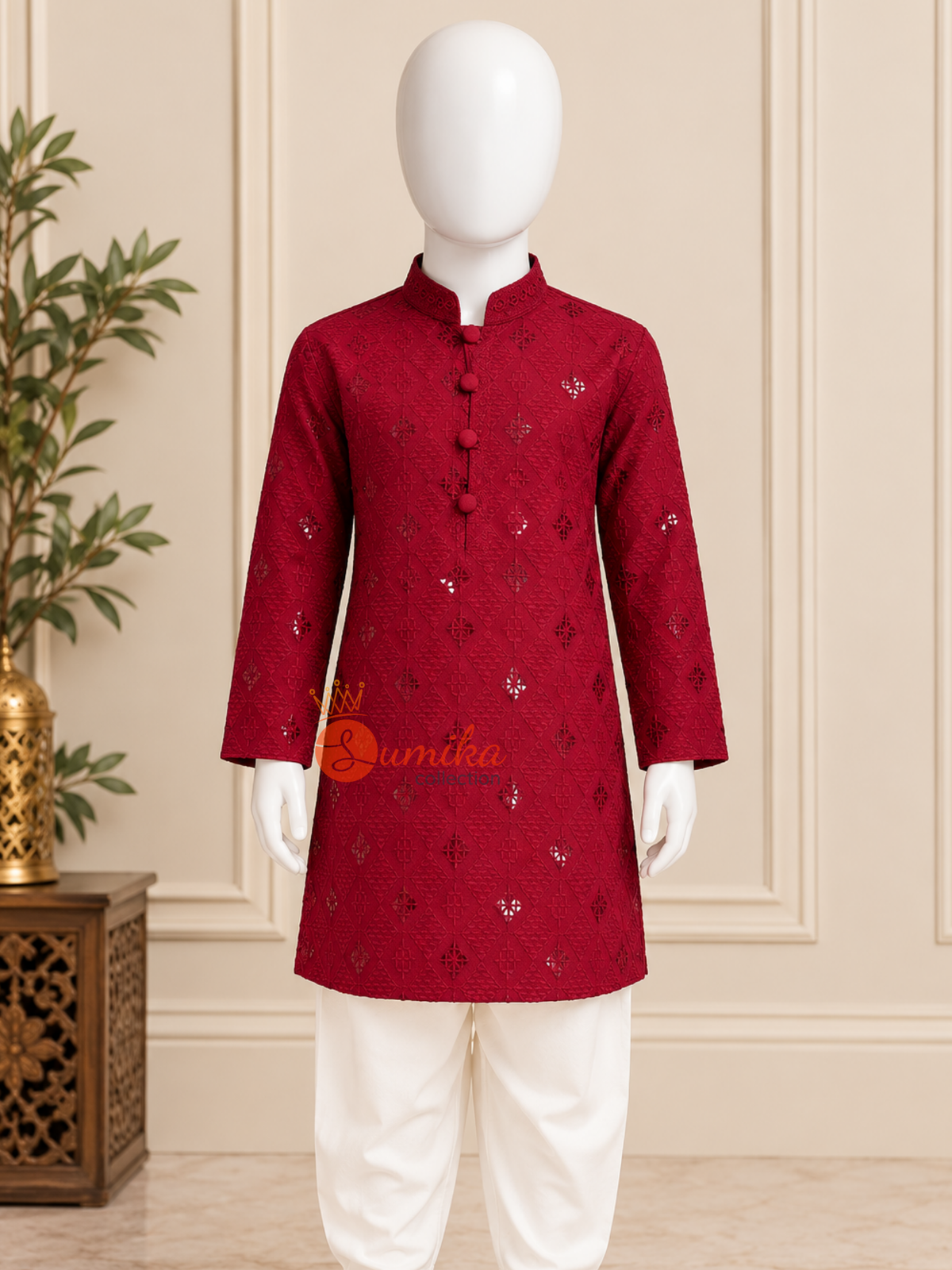 Premium Maroon Chikankari Kurta Set for Boys with White Pant
