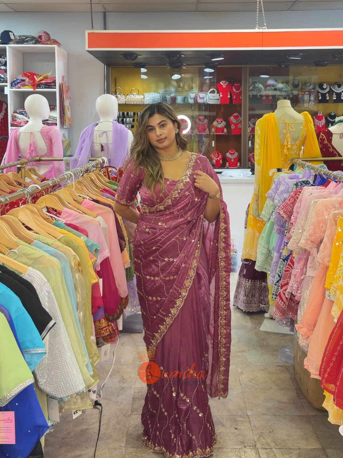 Mauve Pink Ready-to-Wear Embroidered Saree Set