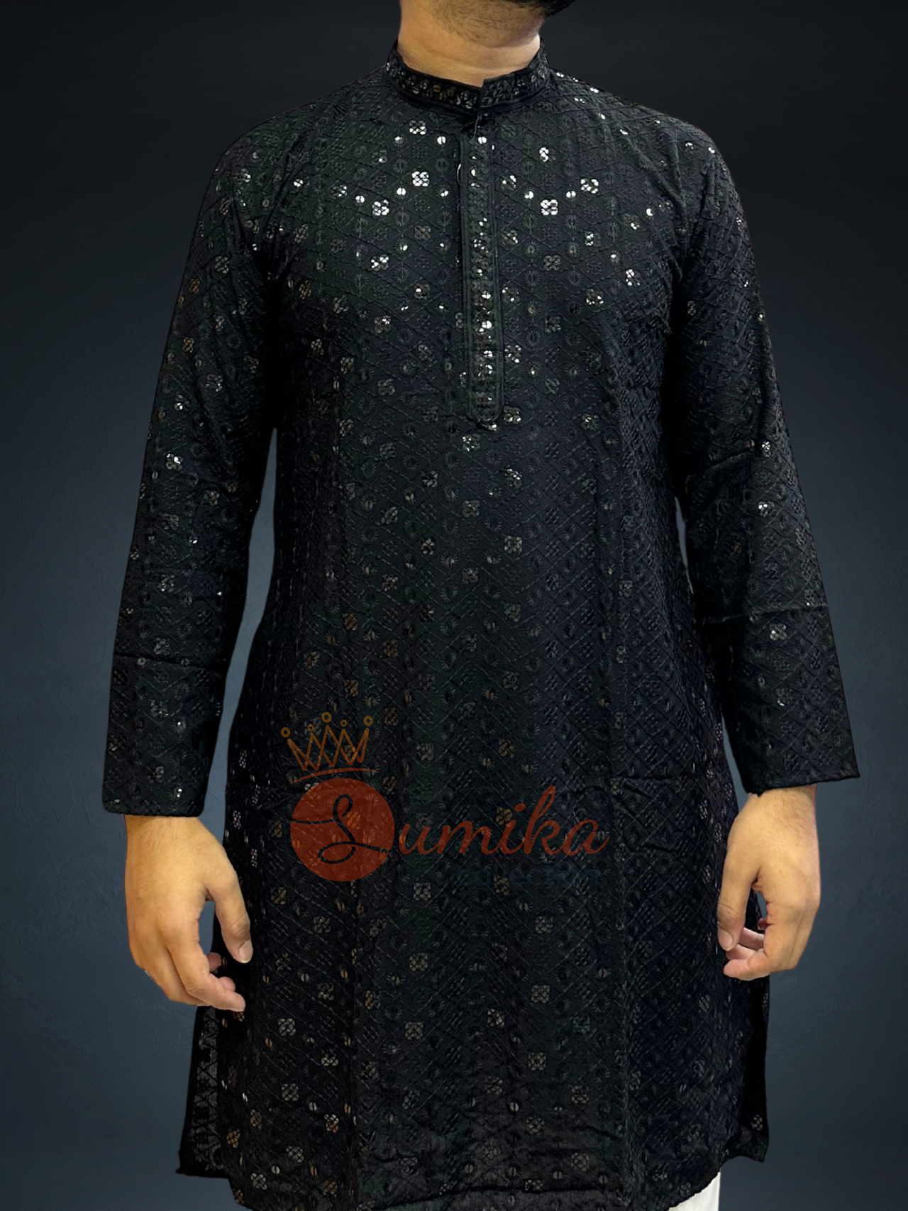 High Quality Black Mens Chikankari Kurta Set (2pcs)