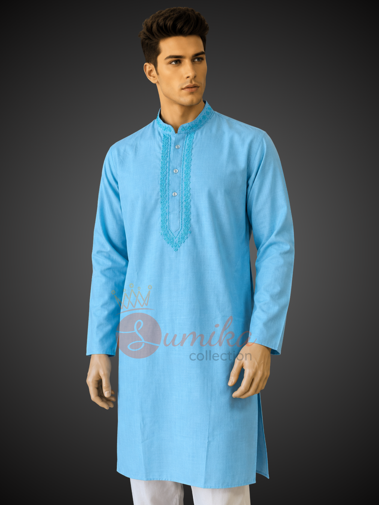 Sky Blue Embroidered Cotton Kurta for Men