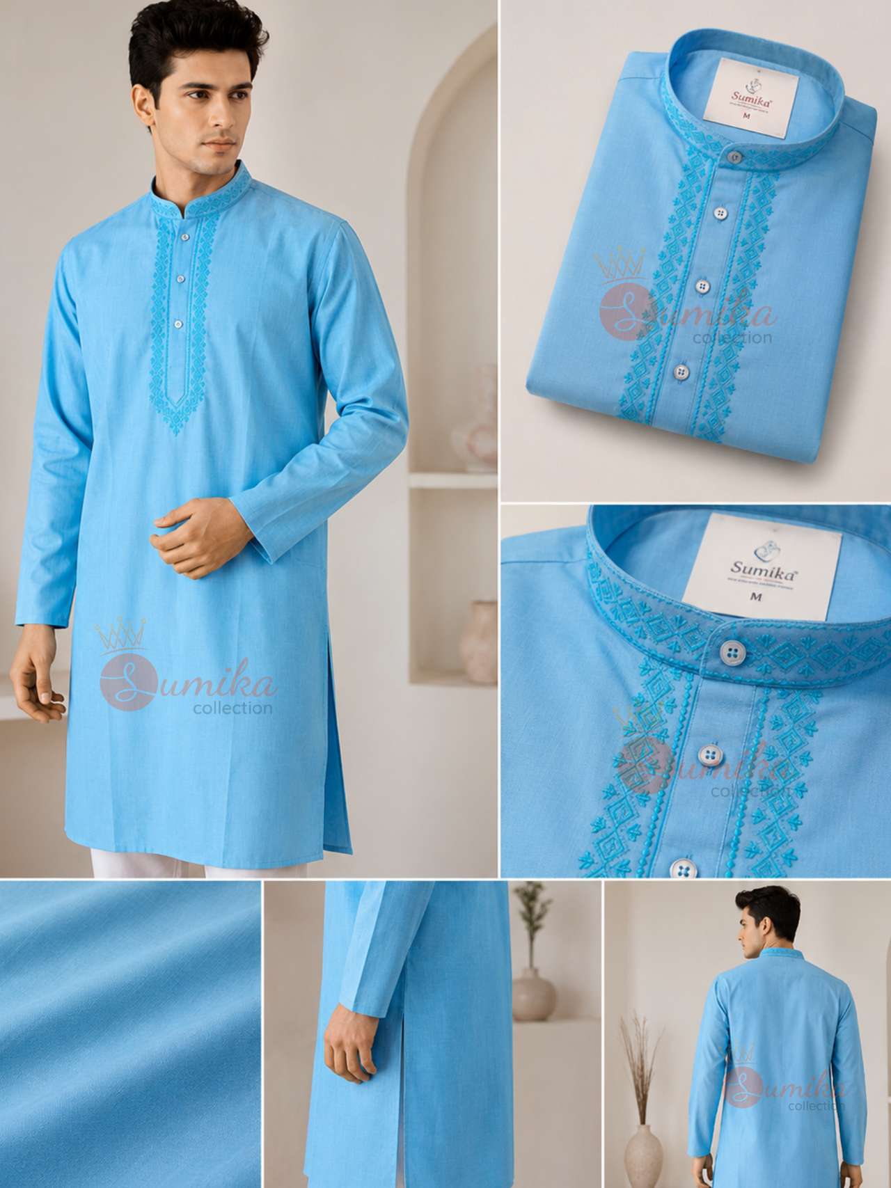 Sky Blue Embroidered Cotton Kurta for Men