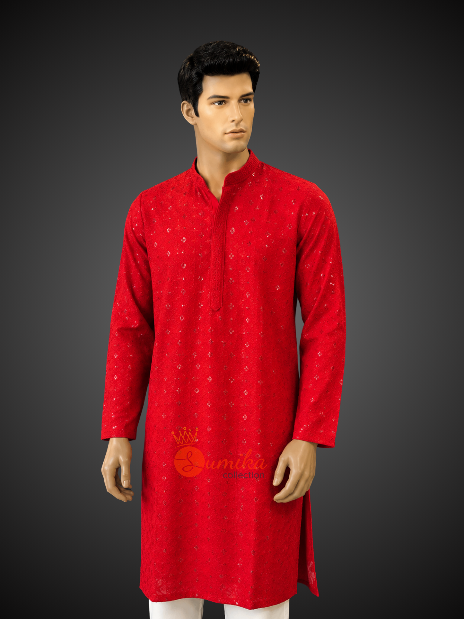 Men's red Chikankari embroidered kurta set with matching pajama, perfect for Indian weddings, Nepali festivals, and traditional celebrations.