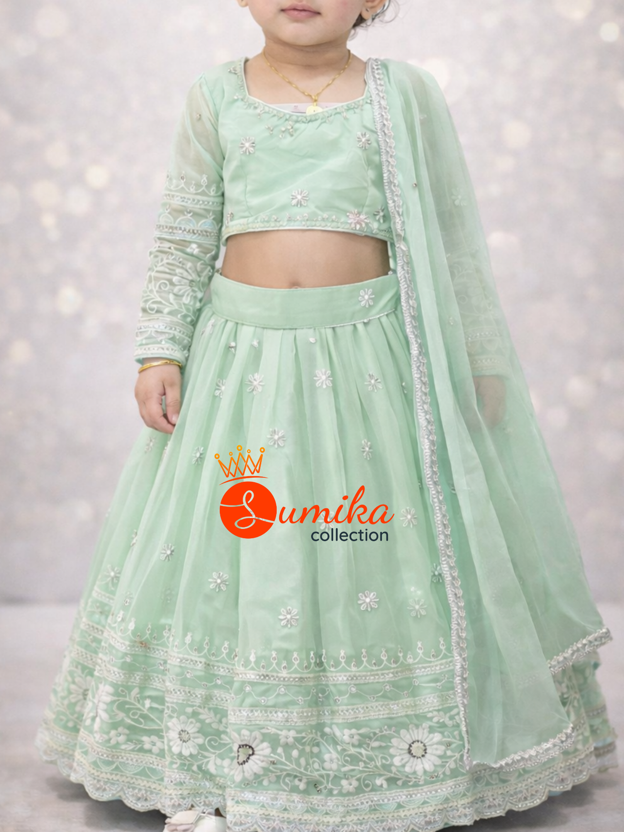Mint Nepali kids lehenga set with embroidered blouse, can-can skirt and dupatta by Sumika Collection USA