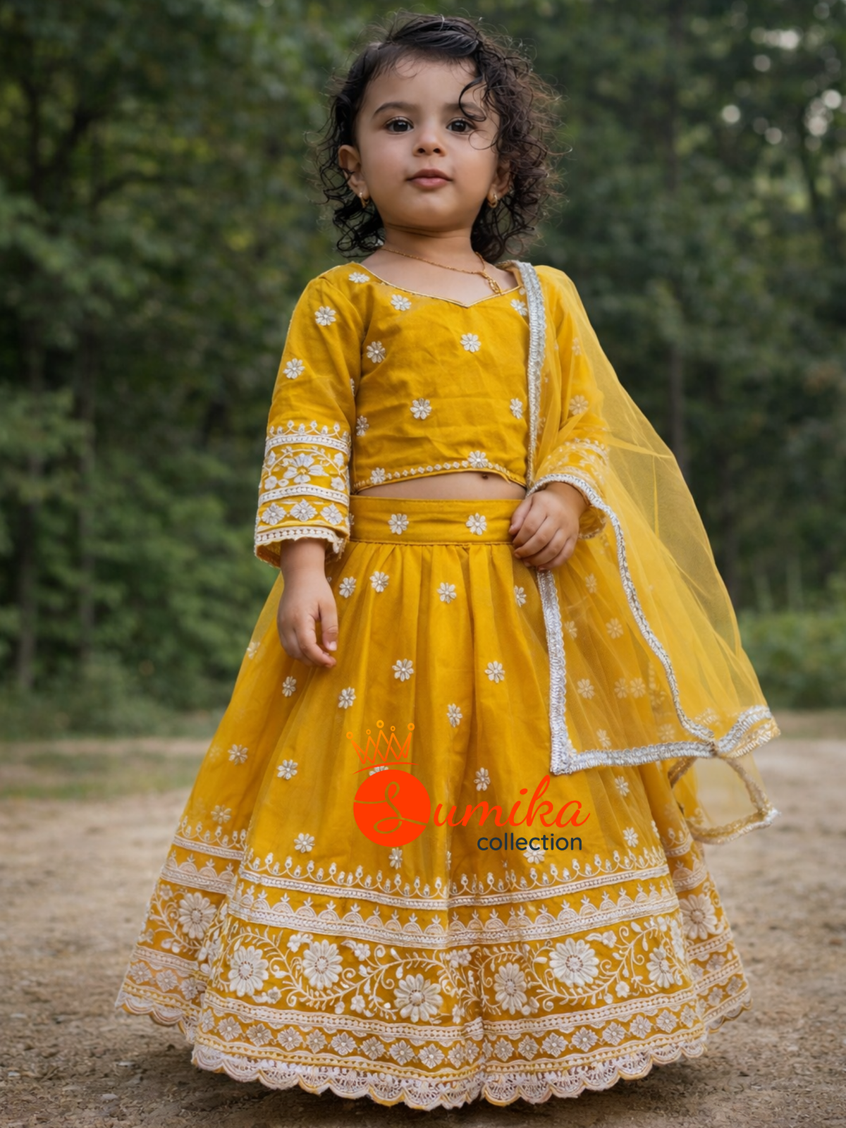 Mustard yellow kids lehenga set with embroidered blouse, can-can skirt and dupatta by Sumika Collection USA