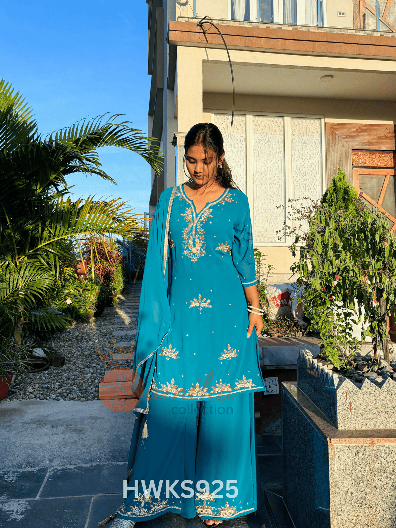Teal Blue Hand-Work Georgette Kurta Set – Elegant Nepali-Indian Festive Wear | Sizes M-XXL