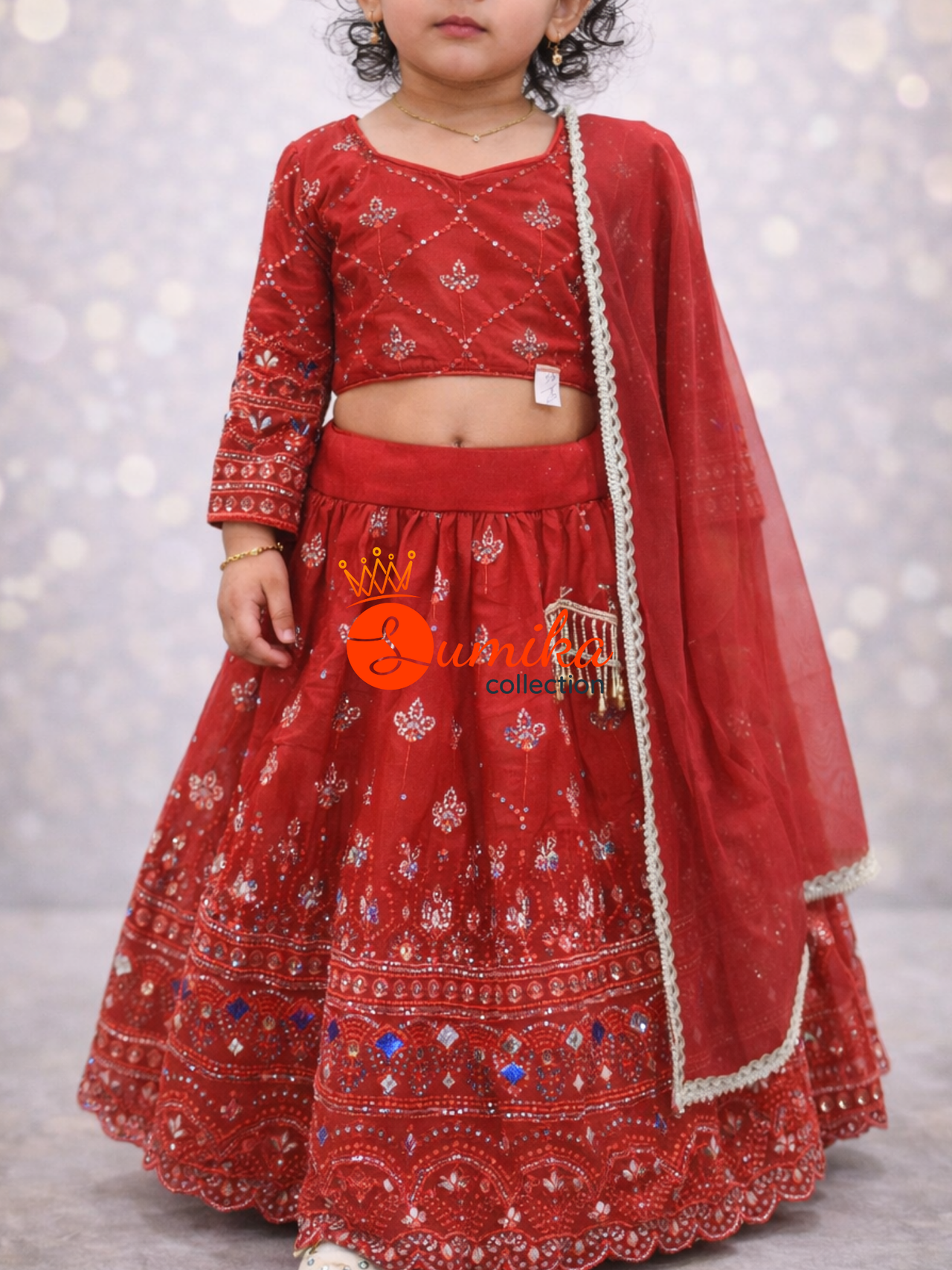 Red kids lehenga with embroidery Nepali Indian festive wear USA by Sumika Collection