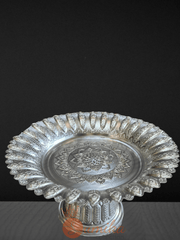 Silver plated ceremonial puja thali for Dashain, Tihar, and Hindu rituals