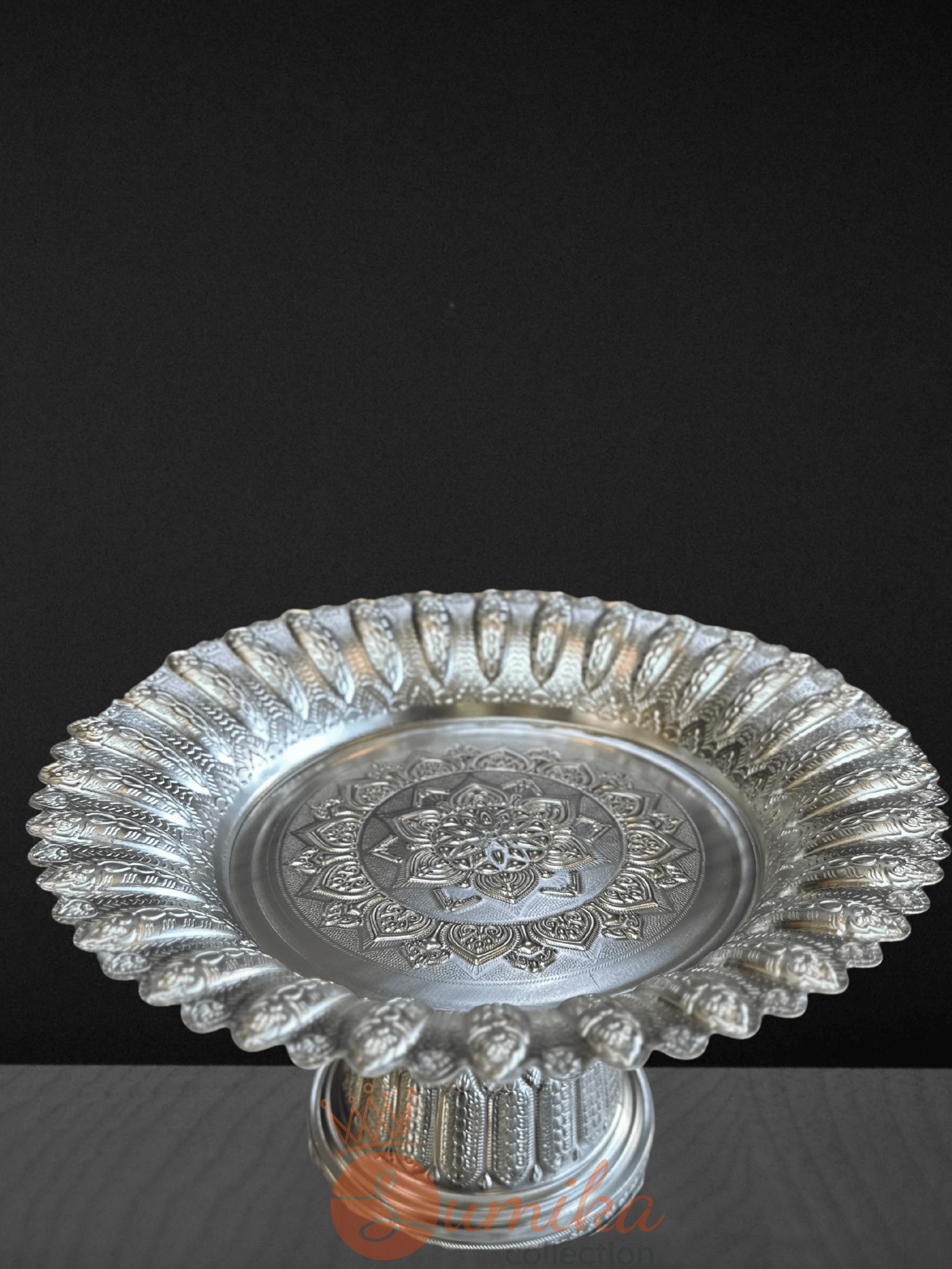 Silver plated ceremonial puja thali for Dashain, Tihar, and Hindu rituals