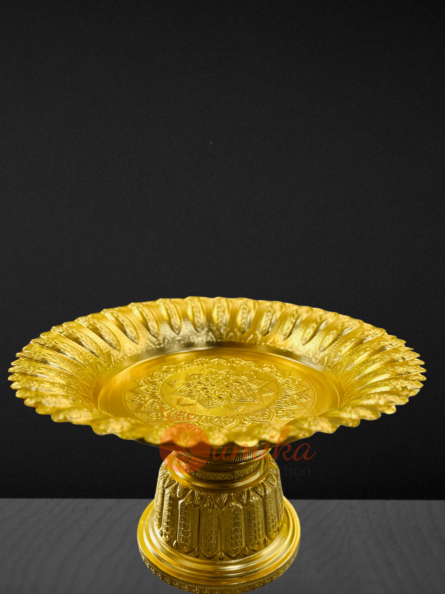 Gold plated Tika Thali with stand – 28 cm plate and 7 inch tall – Sumika Collection USA