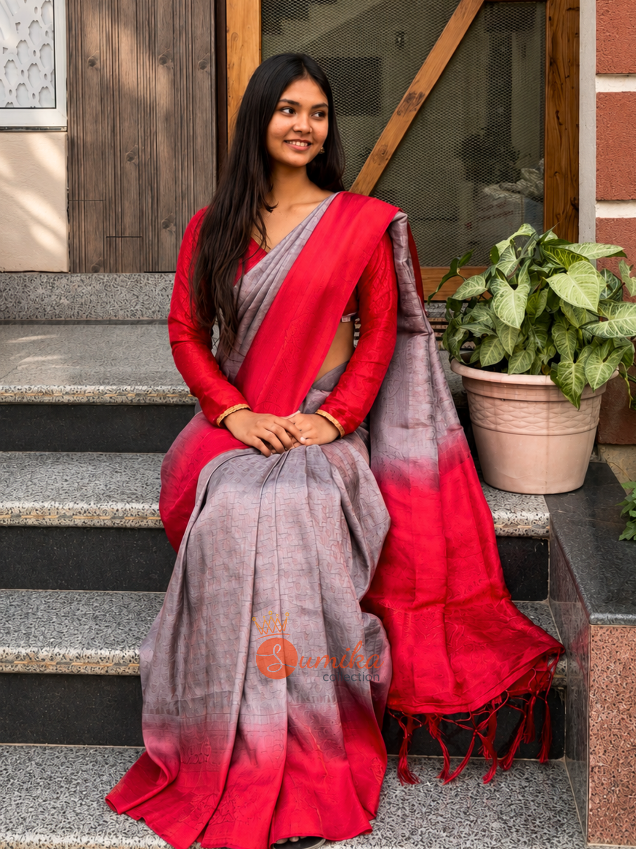 Vermilion Ombre Kanjivaram Saree set