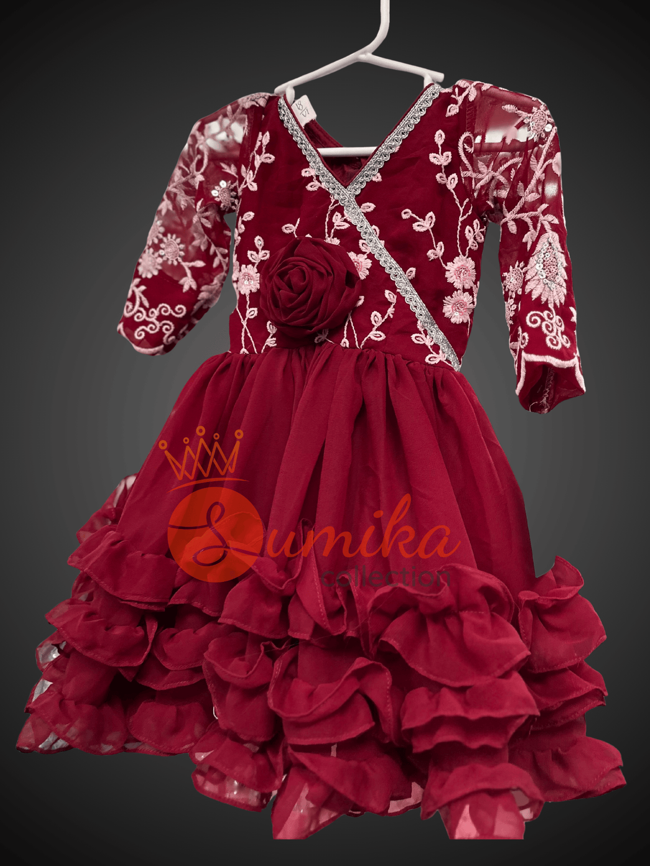 Maroon Embroidered Ruffle Jama Party Dress for Girls