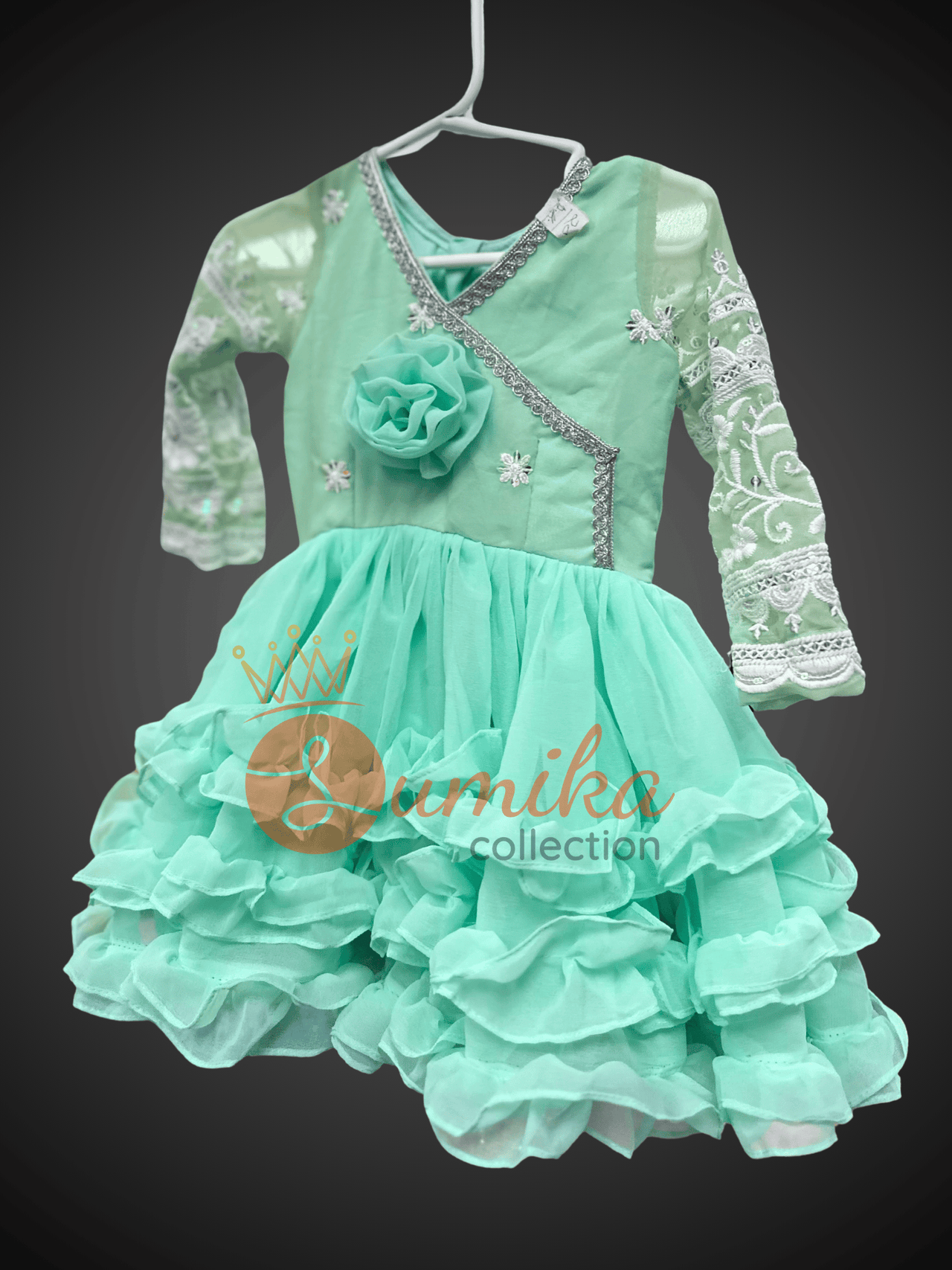 Mint Green Embroidered Ruffle Jama Party Dress for Girls