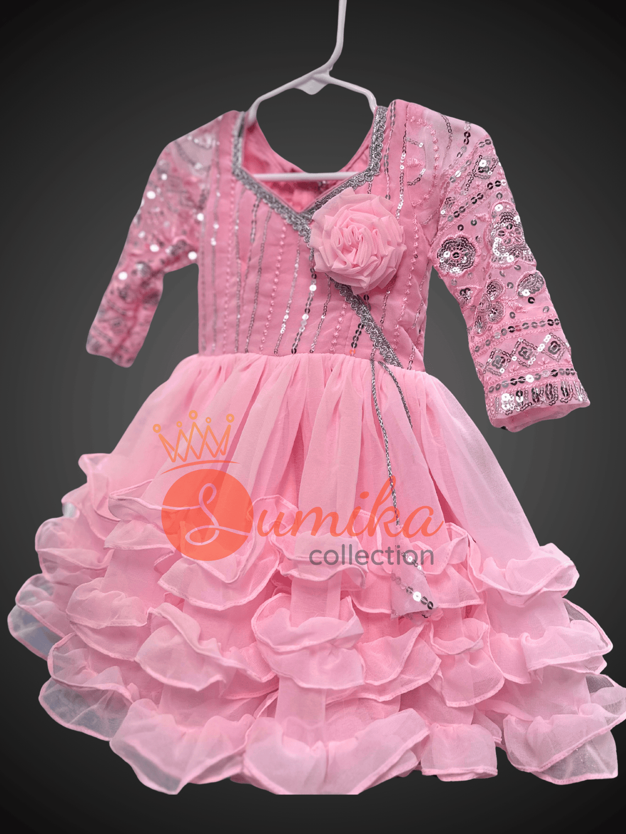 Pink Embroidered Ruffle Jama Party Dress for Girls